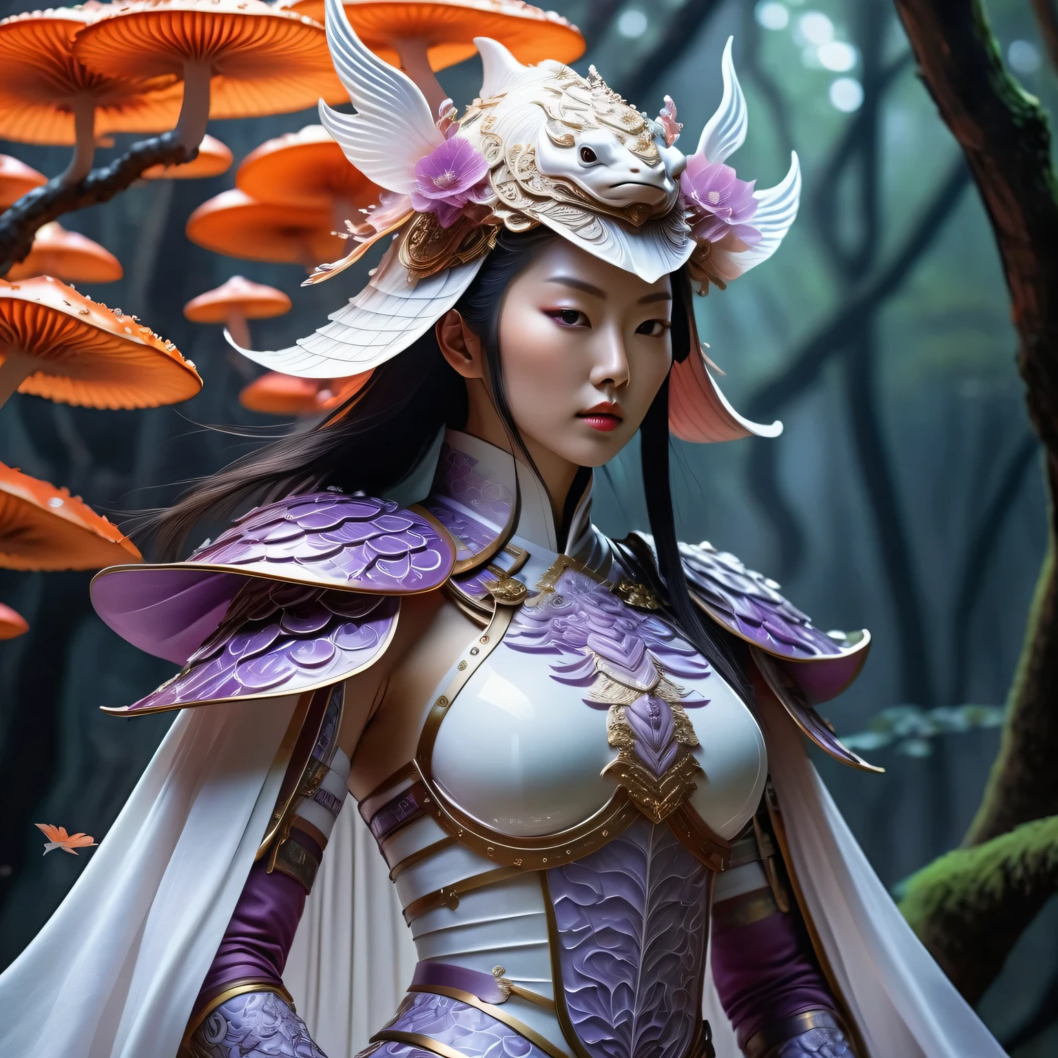 (best quality,4k,8k,highres,masterpiece:1.2),ultra-detailed,(realistic,photorealistic,photo-realistic:1.37), HDR,UHD,studio lighting,ultra-fine painting,sharp focus,physically-based rendering,extreme detail, onmyoji detailed art, 1woman, 30 years old, cyborg samurai, (dynamic pose:1.6), (show entire body),wide angle, Dynamic angle and composition,chinese three kingdoms, (from sengoku period), (She is wearing an ancient samurai light armor breastplate made of white marble:1.6), (cyber japan samurai armor), (fractal designs), clothed in old samurai uniform, (wearing kimono armor), (wearing a fish-shaped white acrylic helmet:1.37), highly detailed clothes, (her clothes have zentangle details adorned with beautiful gems:1.37), (She is wearing a leaf-shaped cape made of  cloth:1.4), Transparent petal-like cloth hangs from the woman's waist, pale purple hues, fantasy art, sci-fi, (concept art inspired by Kanō Hōgai), (Jean Giraud style), moebius, psychedelic, (Incredibly beautiful nature background with fungi:1.6), ethereal lighting, vibrant colors, intricate details, (surreal landscape), otherworldly creatures, mesmerizing pattern,cyber helmet, intricate helmet design, cosmic ambiance, dreamlike atmosphere, (mythical creatures), surrealistic composition, organic shapes, full body wuxia, from sengoku period