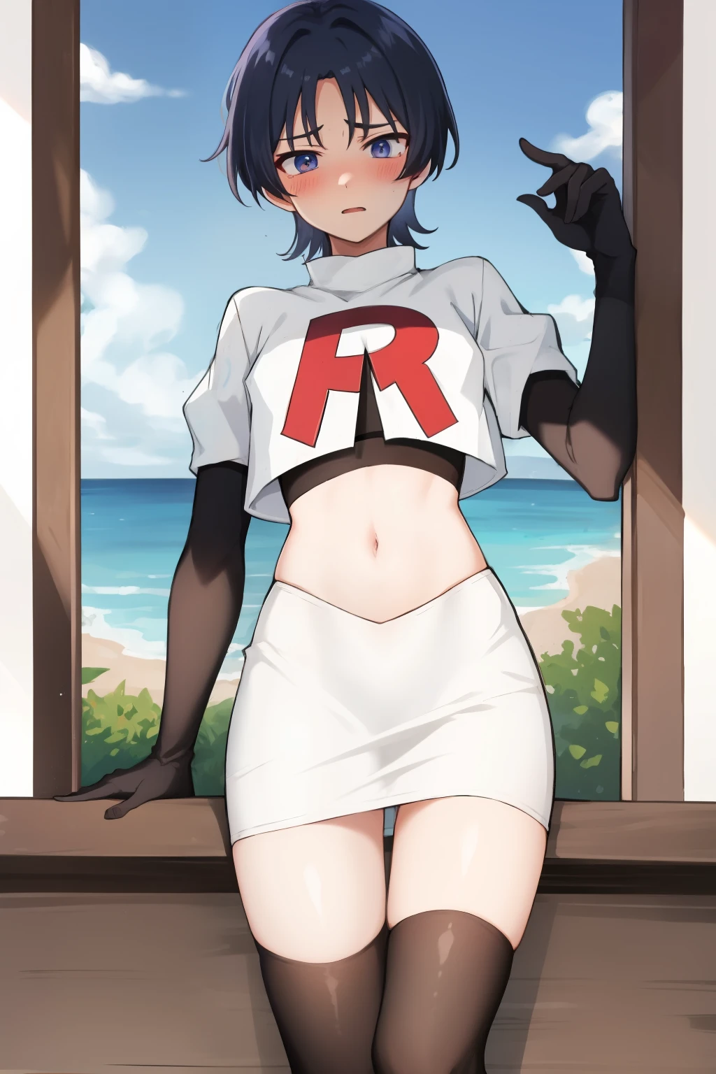 absurdres,masterpiece, trap, best quality, highres, high quality, 1boy, solo, male focus, hair, crossdressing,1boy,team rocket,team rocket uniform,white skirt,red letter R,crop top,black thigh-highs,black elbow gloves, embarrassed, blush