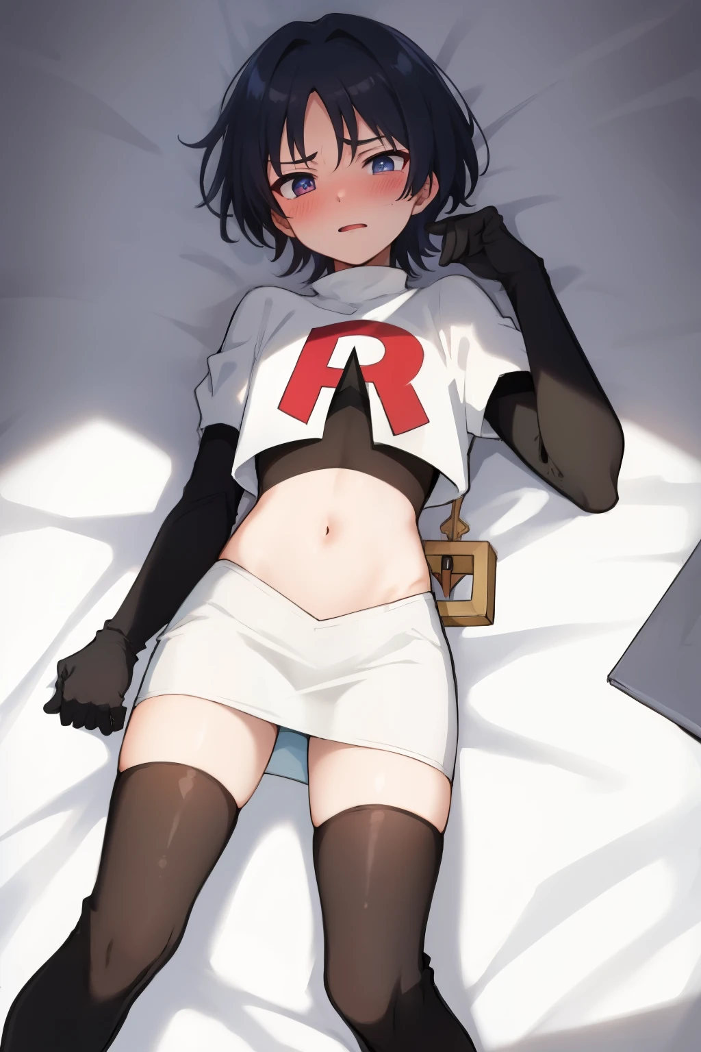 absurdres,masterpiece, trap, best quality, highres, high quality, 1boy, solo, male focus, hair, crossdressing,1boy,team rocket,team rocket uniform,white skirt,red letter R,crop top,black thigh-highs,black elbow gloves, embarrassed, blush