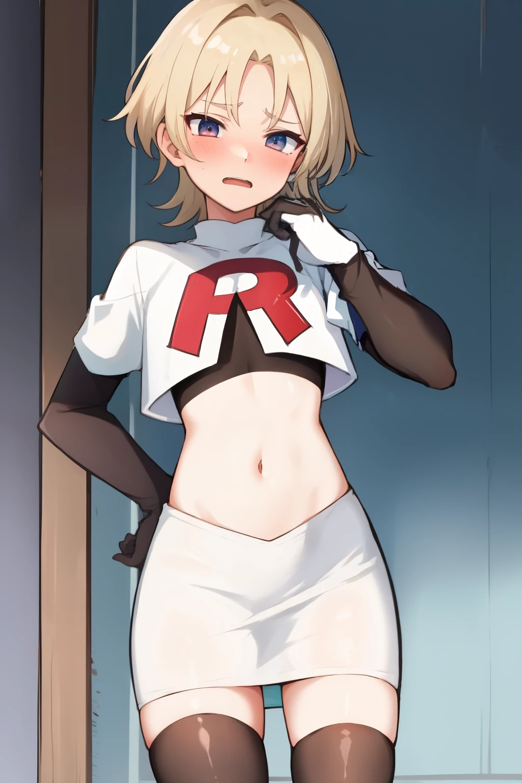 absurdres,masterpiece, trap, best quality, highres, high quality, 1boy, solo, male focus, hair, crossdressing,1boy,team rocket,team rocket uniform,white skirt,red letter R,crop top,black thigh-highs,black elbow gloves, embarrassed, blush