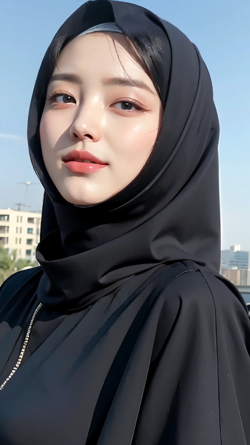 masterpiece, best quality, realistic, photorealistic, highly detailed, detailed face, solo, 1 boob girl, black_shirt, hijab, dress up, long dress, curly hair, bangs, standing, urban city,