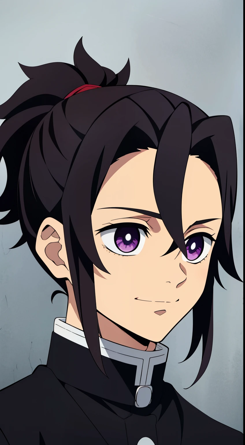 (high-quality, breathtaking),(expressive eyes, perfect face) 1boy, male, solo, , teenagk color hair, red rips, purple, eye color, spiky fluffy hair, tied back hair, hair between eyes, side swept bangs, small ponytail, long hair length, cute smile, masculine face, Symmetrical Eyes, portrait, headshot, positive expression, Kimetsu no Yaiba Art style, demon slayer uniform, black long sleeved shirt, on a grey wall, grey background, narrow eyes