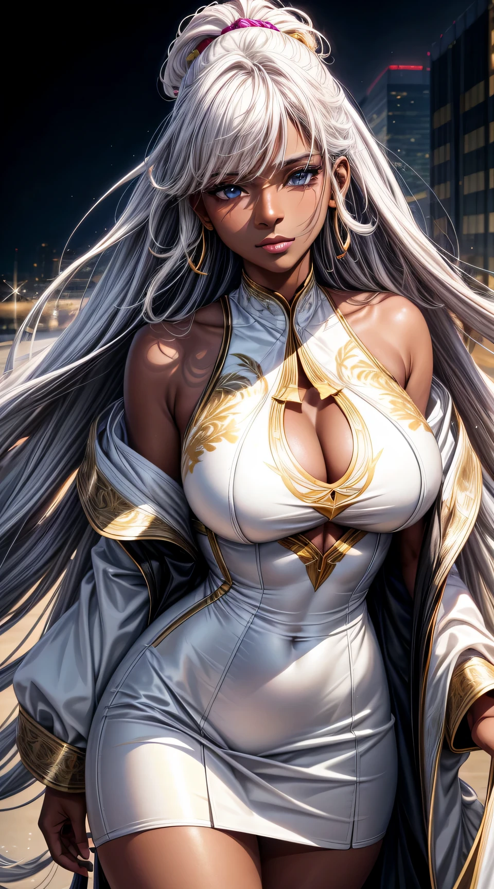 (best quality:1.5, highres, UHD, 4K, detailed lighting, shaders), ( high quality eyes), ( high quality fingers), gold floral haired, gradient hair, large breasts, white suit, white shirt, social shirt, white short skirt, mature woman , (pov), white background, colorful eyeshadow, dramatic lighting, sparkling eyes, sensual expression, golden earrings, flowing hair, delicate facial features, dark metallic skin, high cheekbones, urban setting, white background, dont look for the camera, lean forward,  behind  the camera