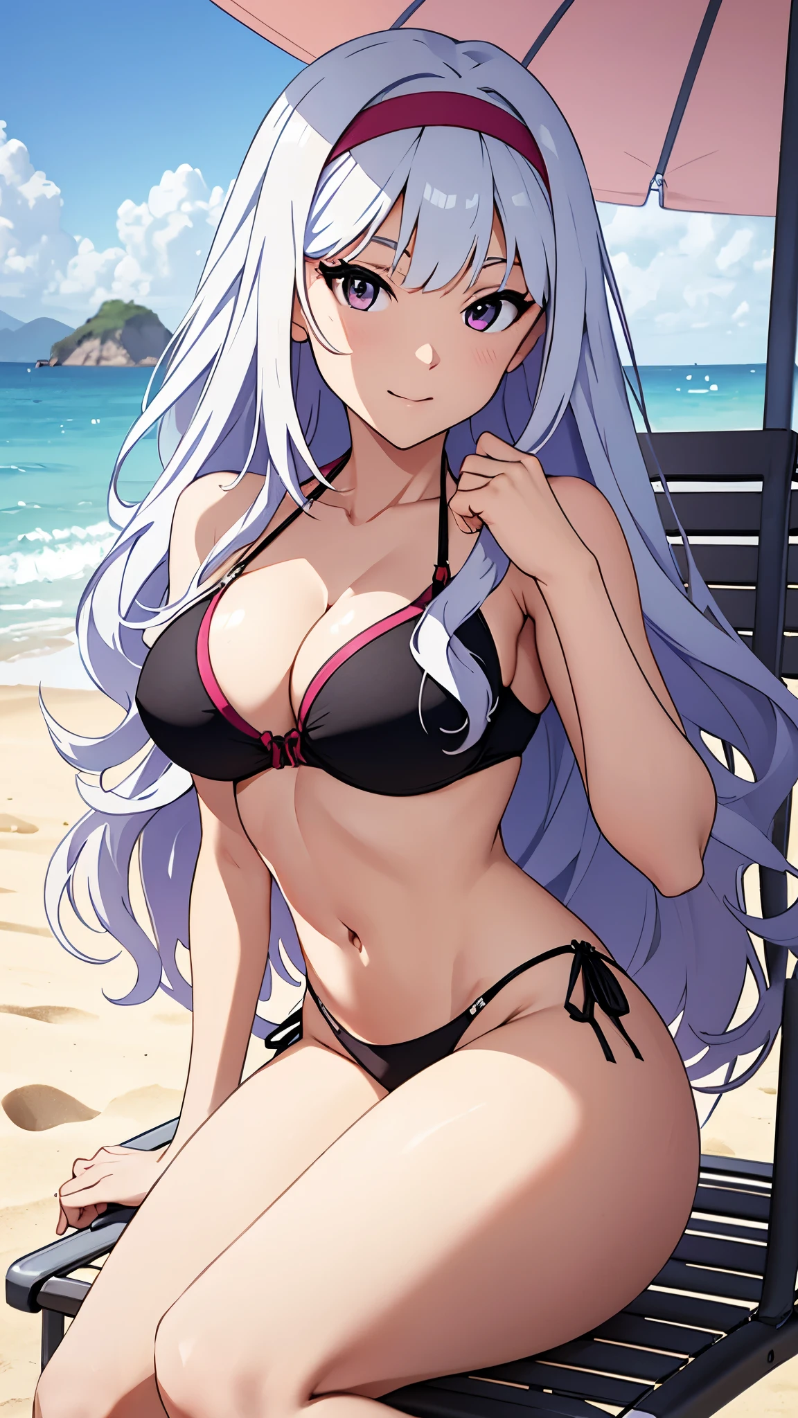 CG, unity, 8k, wallpaper, highest quality, masterpiece, Beautiful woman, long white hair, white skin, BREAK, bikini swimwear, best lighting, complex pupils, complex textile, realistic skin texture, on the beach, sitting on a beach chair, Gaze out at the sea in the shade under a parasol, view from above