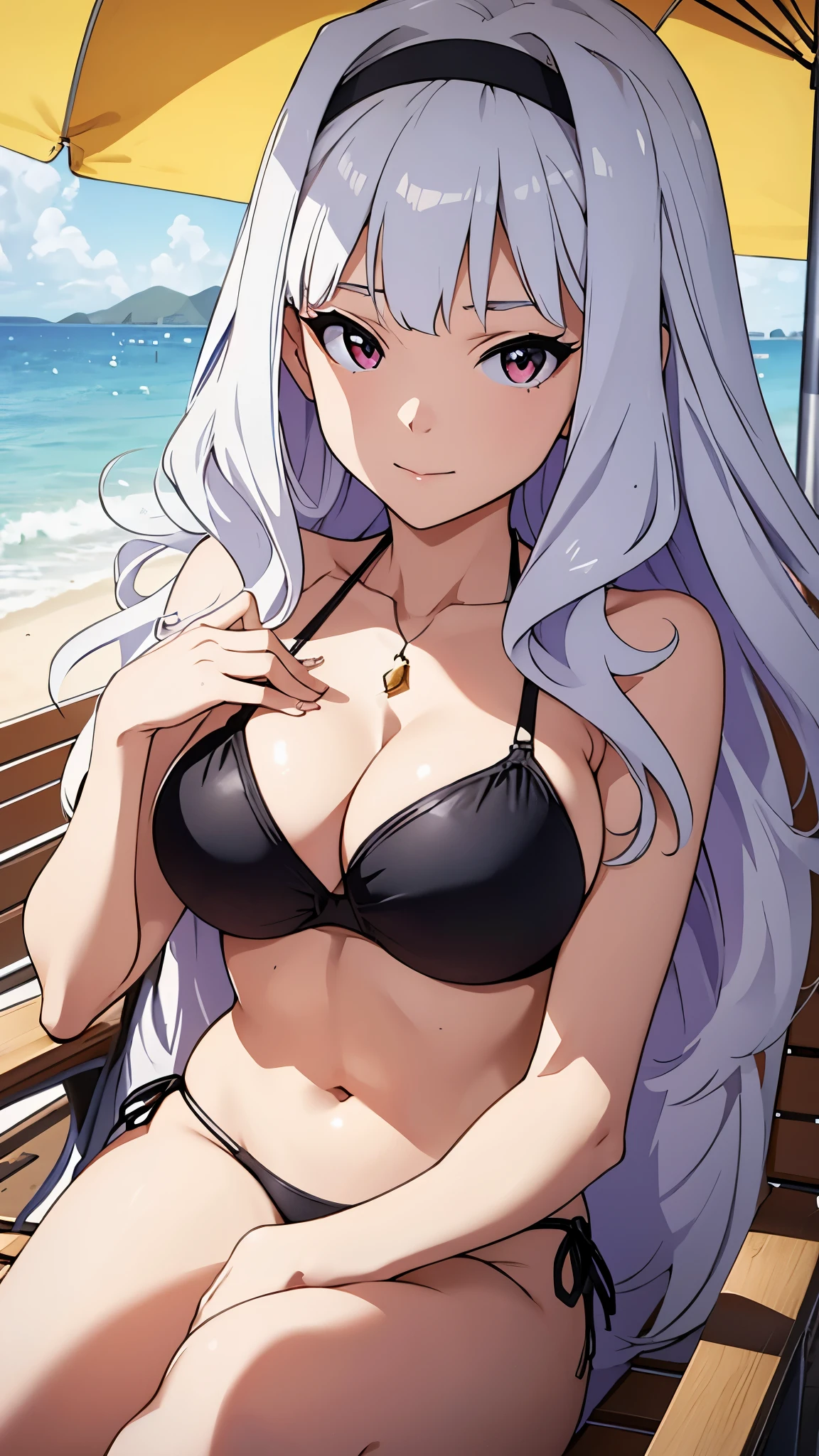 CG, unity, 8k, wallpaper, highest quality, masterpiece, Beautiful woman, long white hair, white skin, BREAK, bikini swimwear, best lighting, complex pupils, complex textile, realistic skin texture, on the beach, sitting on a beach chair, Gaze out at the sea in the shade under a parasol, view from above