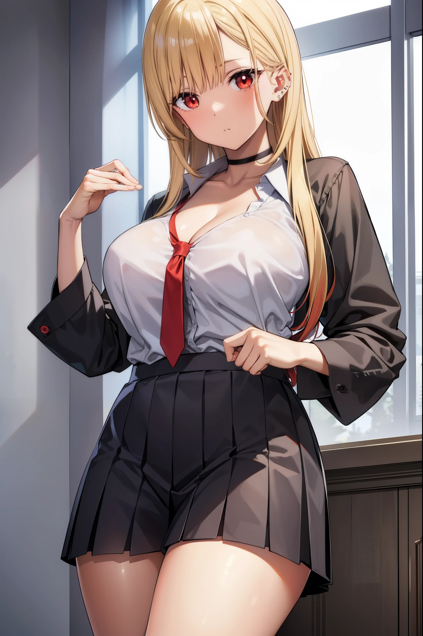 marinkitagawa, marin kitagawa, blonde hair, choker, ear piercing, earrings, long hair, piercing, (red eyes:1.5), straight hair, swept bangs,
BREAK black necktie, long sleeves, pleated skirt, , shirt, skirt, sleeves rolled up, white shirt, cleavage,
BREAK indoors, classroom,
BREAK looking at viewer, 
BREAK (masterpiece:1.2), best quality, high resolution, unity 8k wallpaper, (illustration:0.8), (beautiful detailed eyes:1.6), extremely detailed face, perfect lighting, extremely detailed CG, (perfect hands, perfect anatomy),