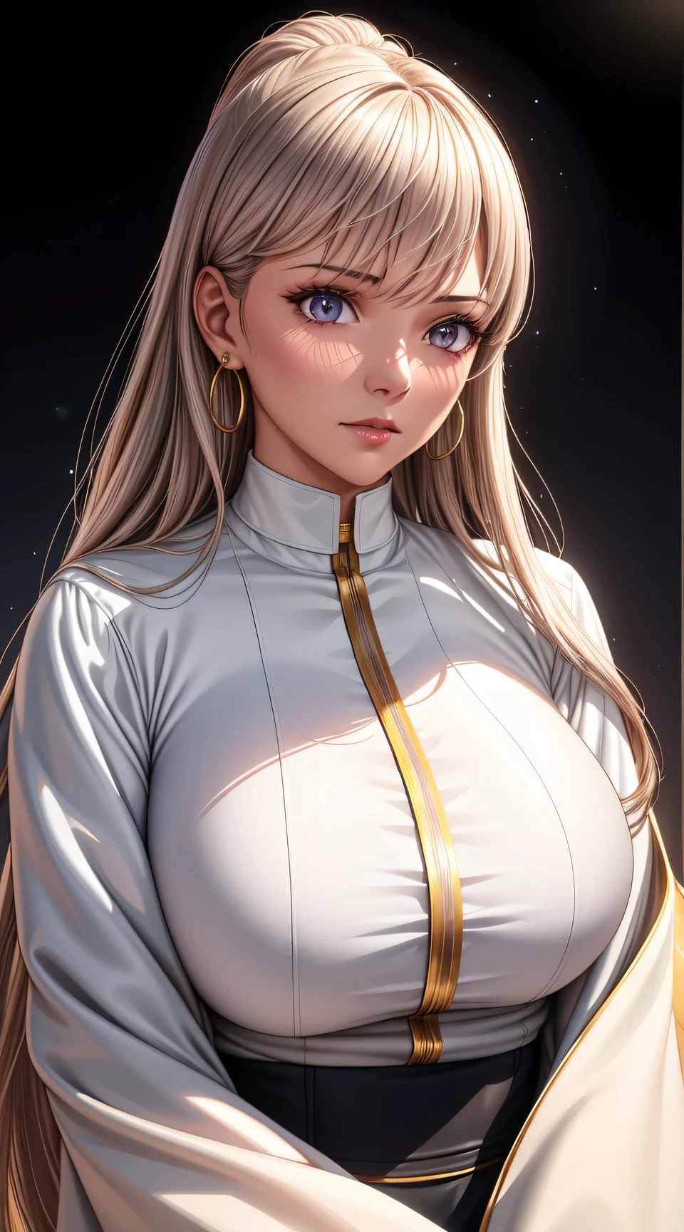 (best quality:1.5, highres, UHD, 4K, detailed lighting, shaders), ( high quality eyes), ( high quality fingers), gold floral haired, gradient hair, large breasts, white suit, white shirt, social shirt, white short skirt, mature woman , (pov), white background, colorful eyeshadow, dramatic lighting, sparkling eyes, sensual expression, golden earrings, flowing hair, delicate facial features, dark metallic skin, high cheekbones, urban setting, white background, dont look for the camera, lean forward,  behind  the camera