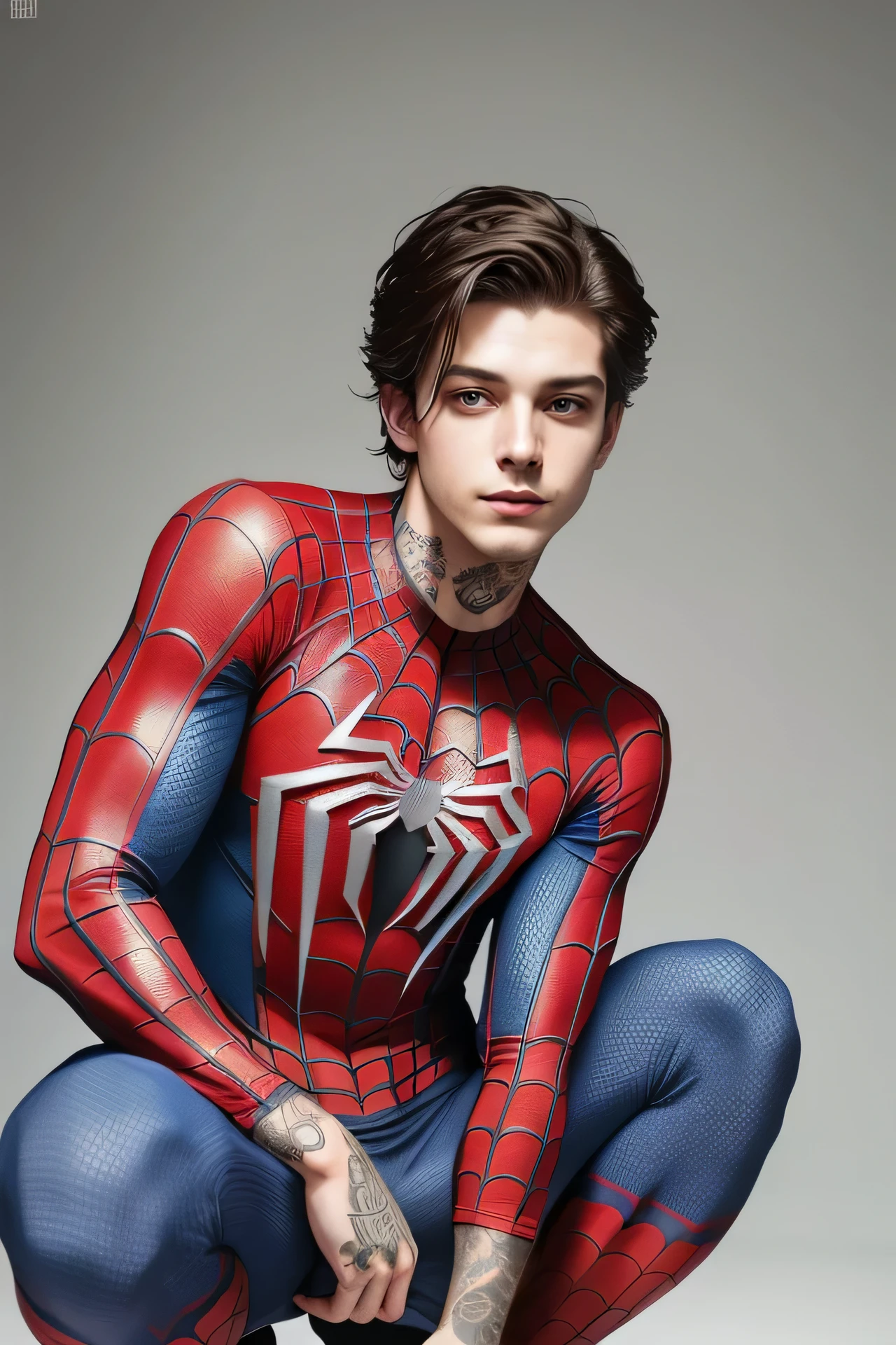 Spiderman with tattoos on his chest and legs crouching down, Peter Parker as Spiderman, Peter Parker, portrait of Spiderman, Spiderman, futuristic style Spiderman, Spiderman, Spiderman, inspirado en Cam Sykes, Spiderman!!, estilo de seb mckinnon, inspirado en Seb McKinnon, little peep, se parece a ty sheridan, trajes ajustados