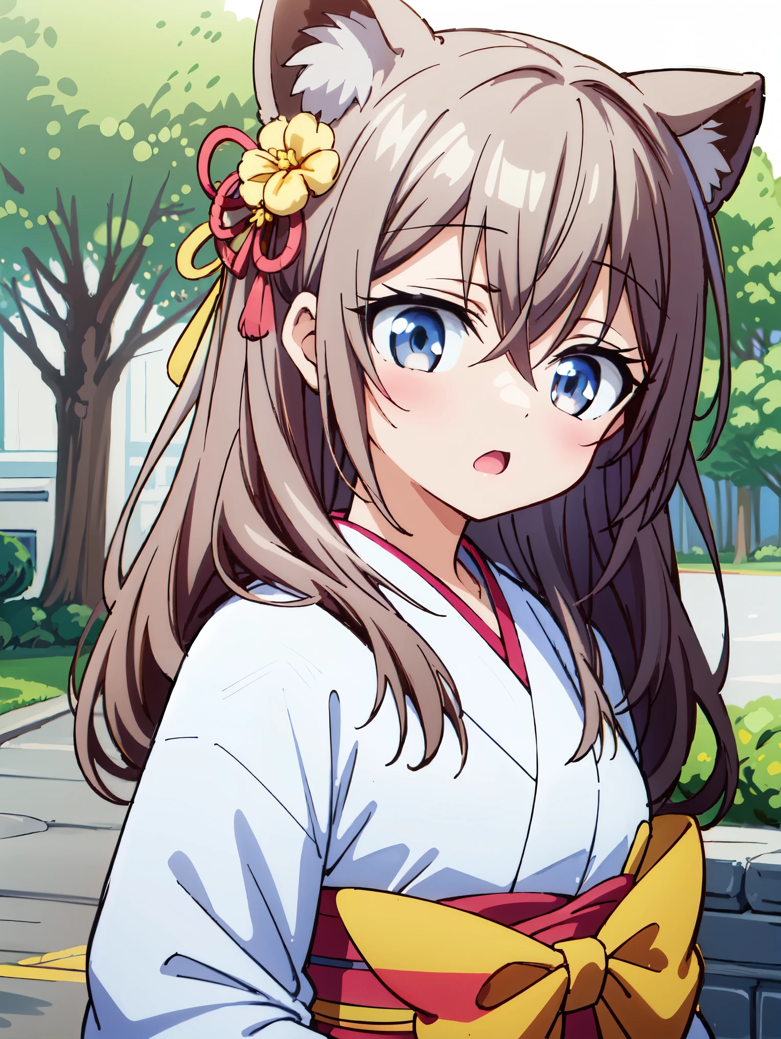 masterpiece、highest quality、very detailed、solo、hiori katase、solo、one girl、beautiful flower々Park in full bloom、Raccoon ears、cute tail,Kimono from the Taisho era in Japan、white color kimono,absolute reference to center