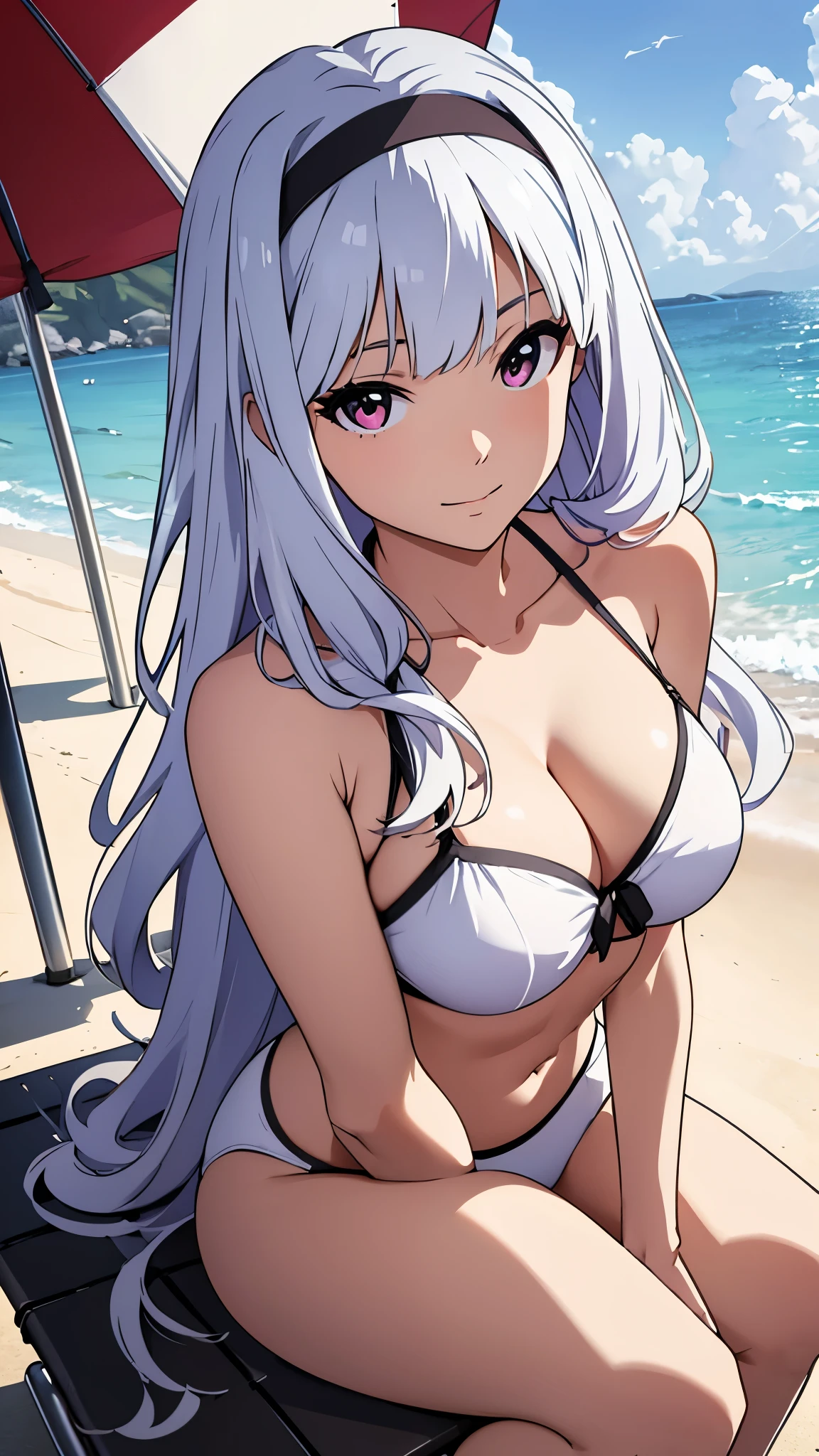 CG, unity, 8k, wallpaper, highest quality, masterpiece, Beautiful woman, long white hair, white skin, BREAK, bikini swimwear, best lighting, complex pupils, complex textile, realistic skin texture, on the beach, sitting on a beach chair, Gaze out at the sea in the shade under a parasol, view from above