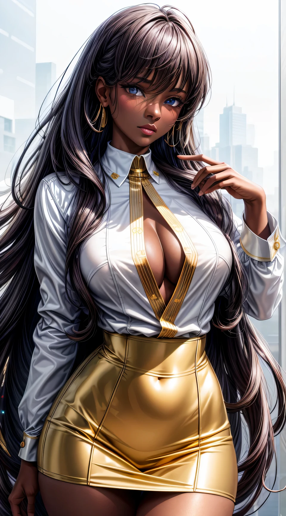 (best quality:1.5, highres, UHD, 4K, detailed lighting, shaders), ( high quality eyes), ( high quality fingers), gold floral haired, gradient hair, large breasts, gold suit, white shirt, social shirt, white short skirt, mature woman , (pov), white background, colorful eyeshadow, dramatic lighting, sparkling eyes, sensual expression, golden earrings, flowing hair, delicate facial features, dark metallic skin, high cheekbones, urban setting, white background, dont look for the camera, lean forward,  behind  the camera