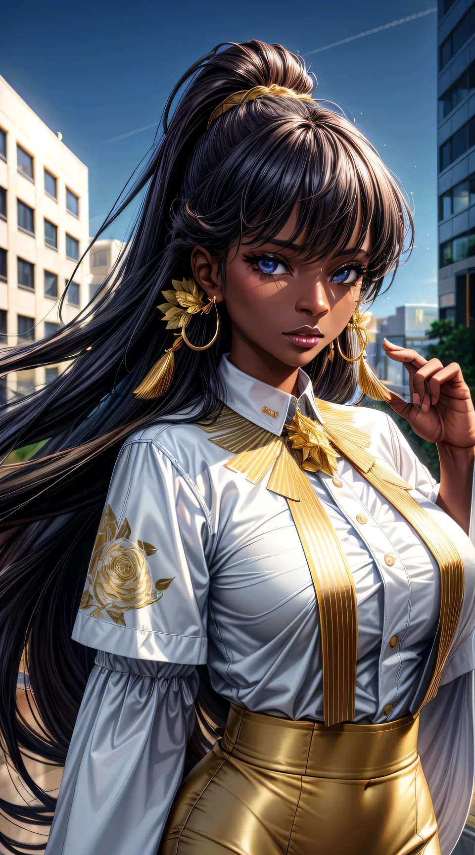 (best quality:1.5, highres, UHD, 4K, detailed lighting, shaders), ( high quality eyes), ( high quality fingers), gold floral haired, gradient hair, large breasts, white suit, white shirt, social shirt, white short skirt, mature woman , (pov), white background, colorful eyeshadow, dramatic lighting, sparkling eyes, sensual expression, golden earrings, flowing hair, delicate facial features, dark metallic skin, high cheekbones, urban setting, white background, dont look for the camera, lean forward, behind the camera