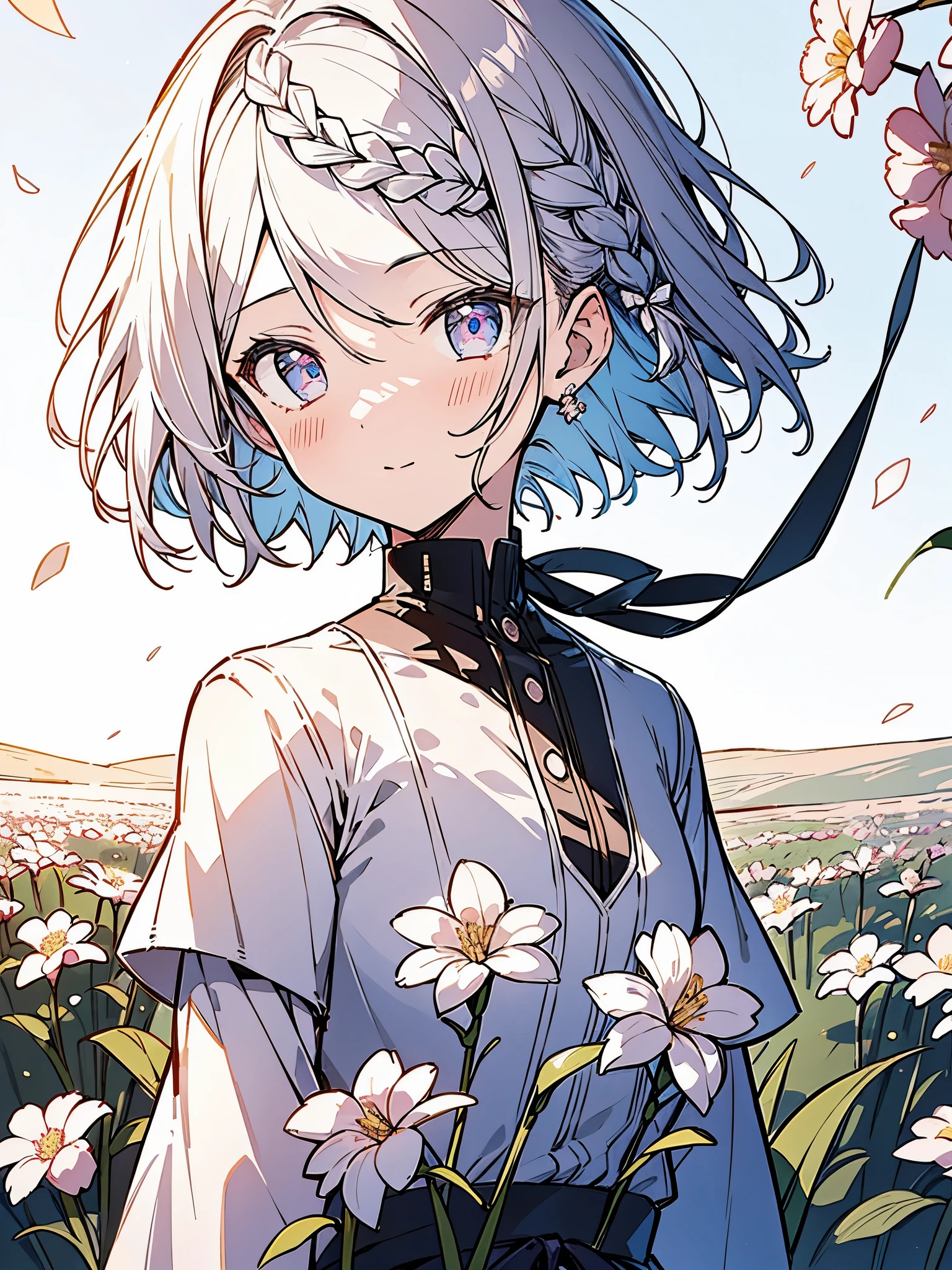 masutepiece, Best Quality,Illustration, Wallpaper, Ultra Detail, Absurd beauty、1 beautiful girl、 (Medium short hair、short braided hair), Beautiful ultra-detailed eyes , Hair fluttering in the wind、Keep your head small、flower field、great outdoors