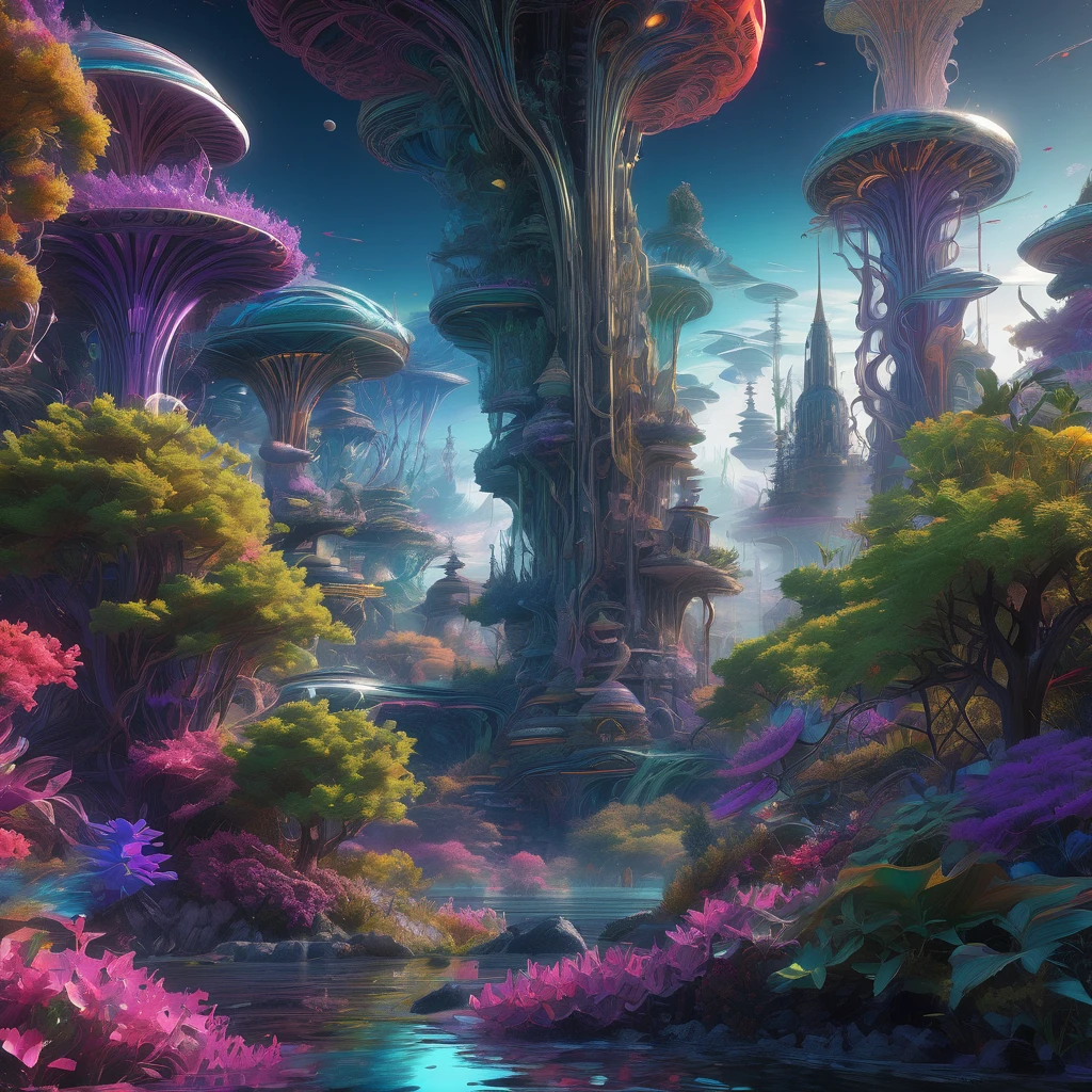 alien landscape, aesthetic, extremely detailed, 🌌. intricate, hyperrealism, hyperdetailed, elaborate, beautiful, elegant, entangled magnificent landscape detailed matte painting, deep color, fantastical, intricate detail, splash screen, complementary colors, fantasy concept art, 8k resolution trending on Artstation Unreal Engine 5