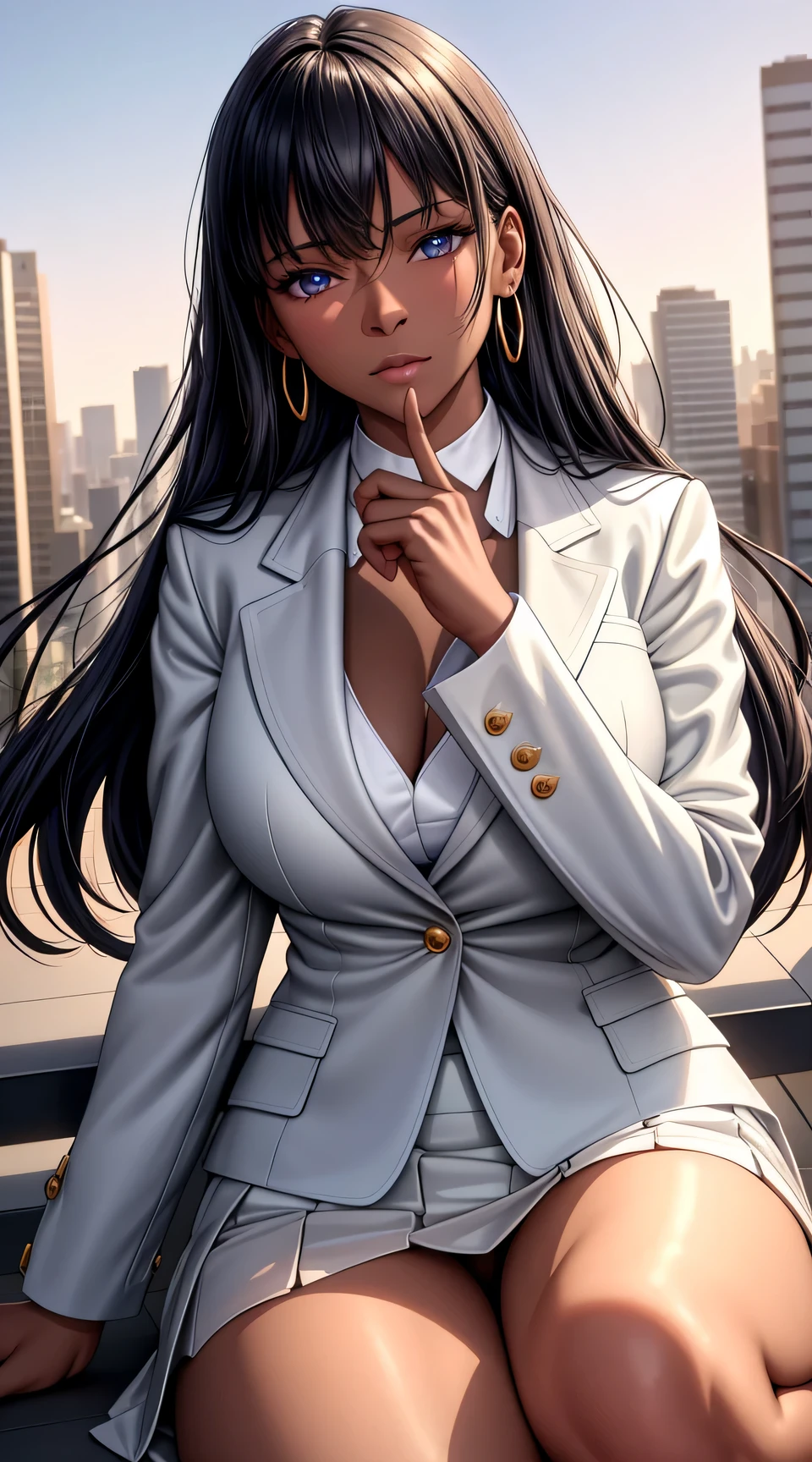 (best quality:1.5, highres, UHD, 4K, detailed lighting, shaders), ( high quality eyes), ( high quality fingers), gold floral haired, gradient hair, large breasts, white suit, white shirt, social shirt, white short skirt, mature woman , (pov), white background, colorful eyeshadow, dramatic lighting, sparkling eyes, sensual expression, golden earrings, flowing hair, delicate facial features, dark metallic skin, high cheekbones, urban setting, white background, dont look for the camera, lean forward, behind the camera, full body