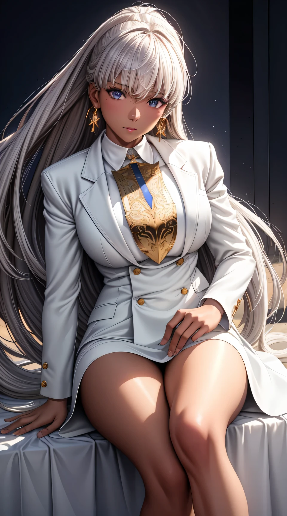 (best quality:1.5, highres, UHD, 4K, detailed lighting, shaders), ( high quality eyes), ( high quality fingers), gold floral haired, gradient hair, large breasts, white suit, white shirt, social shirt, white short skirt, mature woman , (pov), white background, colorful eyeshadow, dramatic lighting, sparkling eyes, sensual expression, golden earrings, flowing hair, delicate facial features, dark metallic skin, high cheekbones, urban setting, white background, dont look for the camera, lean forward, behind the camera, full body
