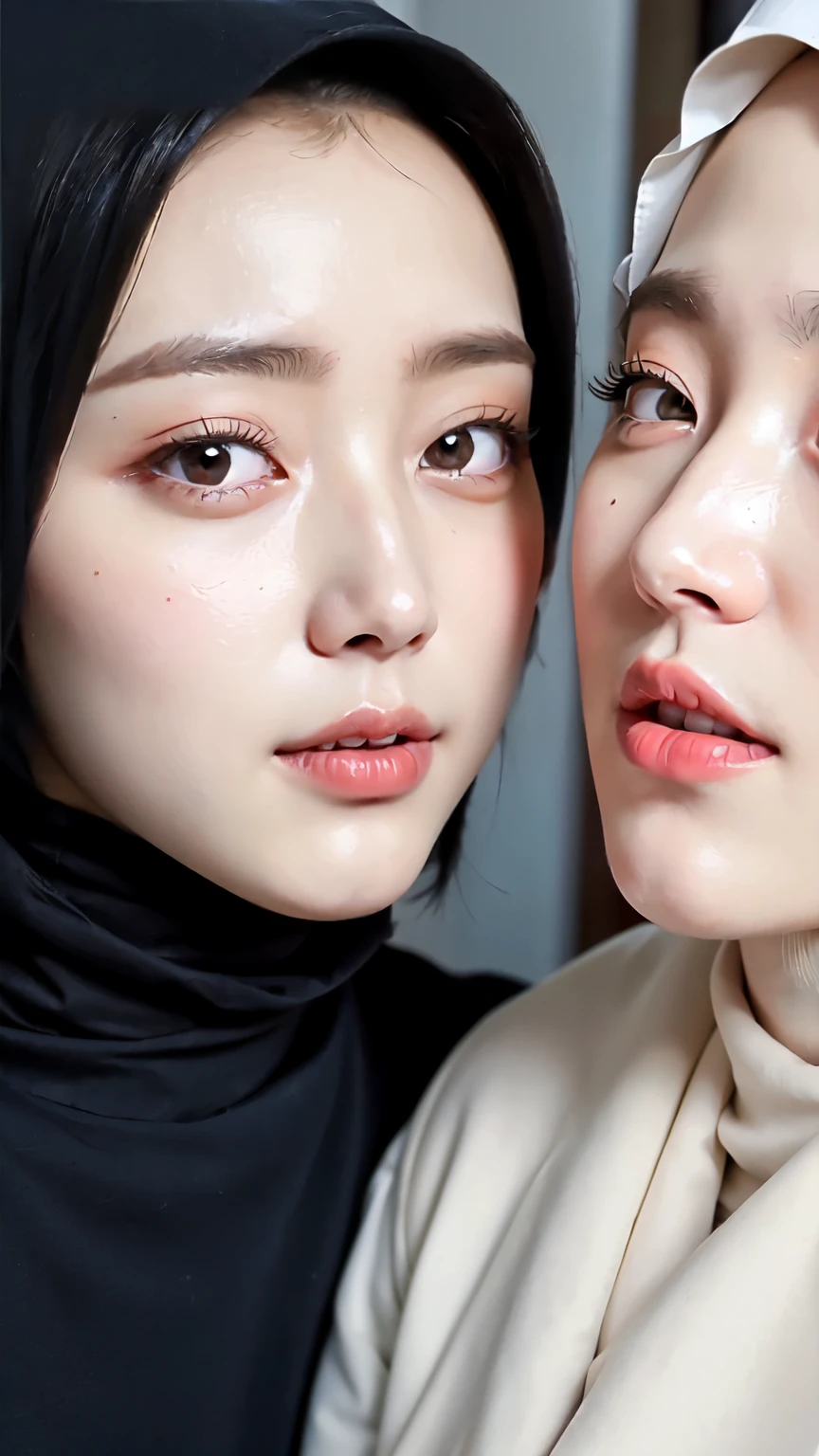 ((Best quality, 8k, Masterpiece :1.37), multiple people wear hijab, (threesome girl hijabs moslem), Beautiful face, Ultra-HD Face, Face Lighting, Lips laughed lightly, position:Standing, close up photo, (Photo Full Body), (three girls wear hijab muslim), wear hijab muslim, tall building background, (Blue sky view, :1.1), face very detailed, detailed red lips, detailed eyes, (korean eyes), double eyelids, detailed nose, detailed legs, (threesome girls wear hijab moslem)