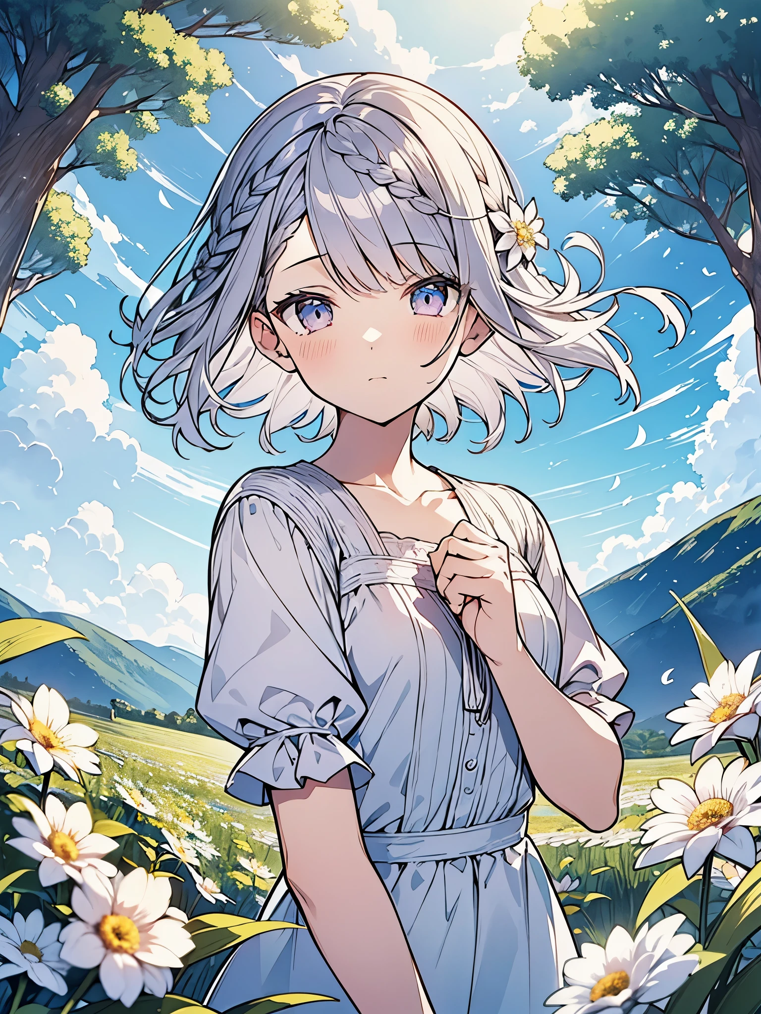 masutepiece, Best Quality,Illustration, Wallpaper, Ultra Detail, Absurd beauty、1 beautiful girl、 (Medium short hair、short braided hair), Beautiful ultra-detailed eyes , Hair fluttering in the wind、Keep your head small、flower field、great outdoors