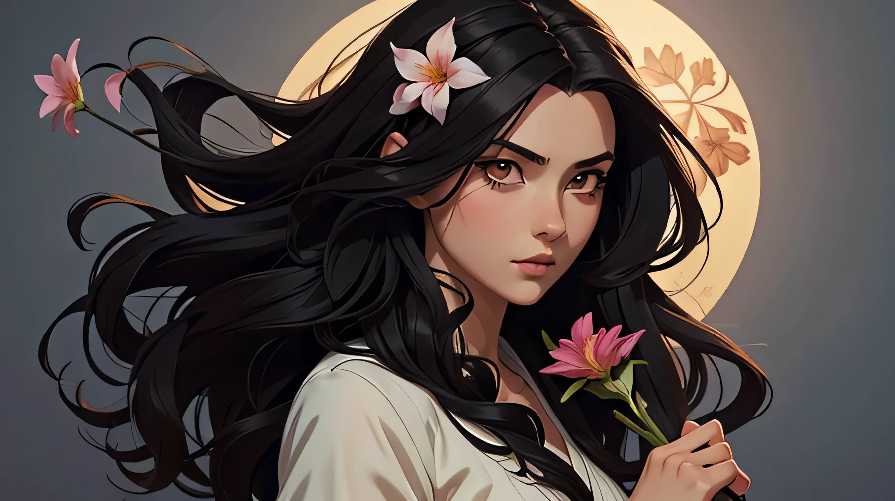 anime girl with dark hair holding a flower and a sword,masterpiece, top quality, best quality, official art, beautiful and aesthetic:1.2), (1girl:1.3), wavy long hair, black hair, extremely detail