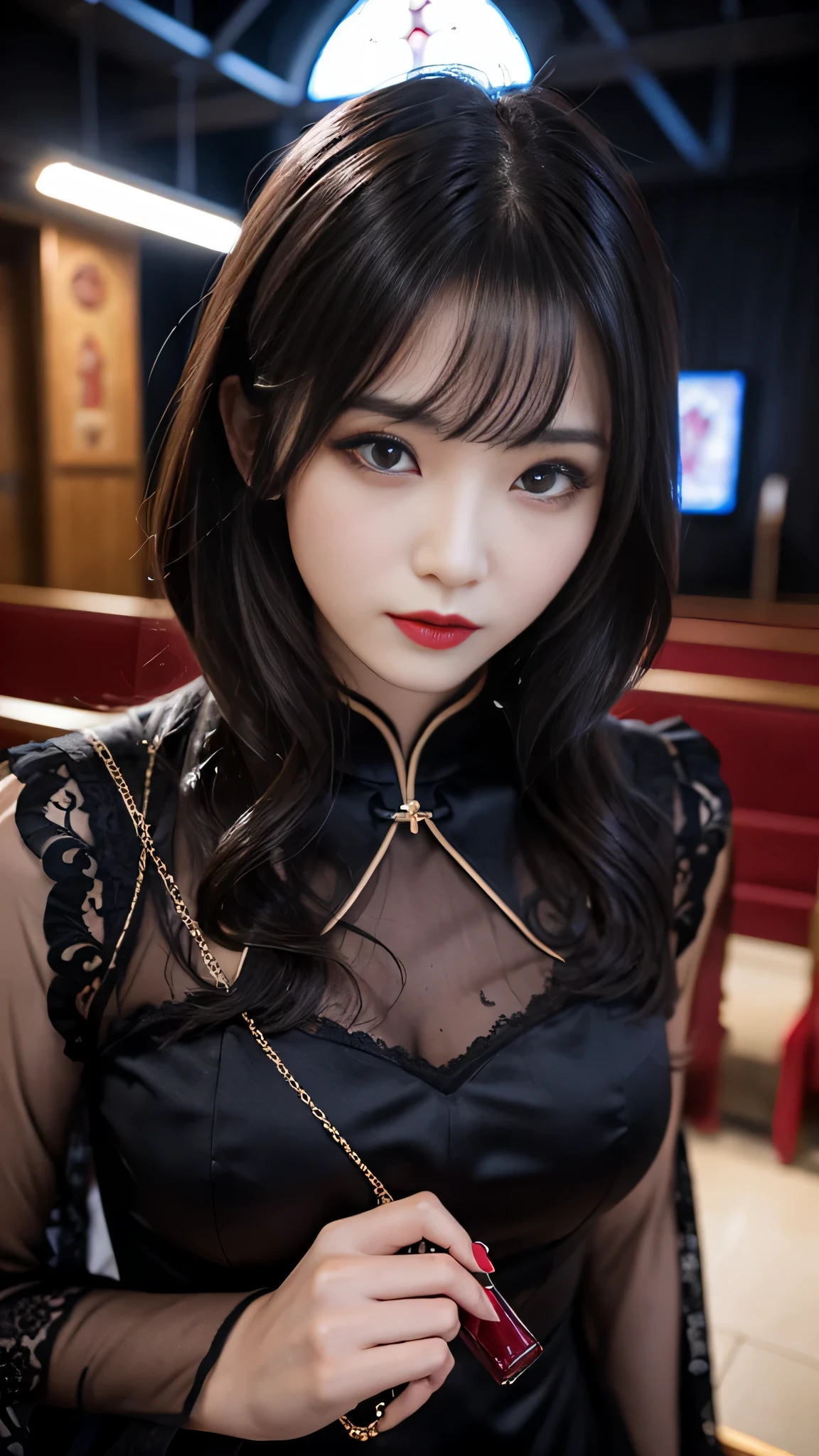 ltra-detailed、Japanese、attractive beauty、seductive adult woman、pretty woman、piercing eyes、cool girl、wavy hair、swept bangs、Long Black Cheongsam、wide sleeves、Evil cadres、evil depravity、brainwash、mind control、apply lipstick、smirk、evil look、evil、empty eyes、evil、church at night、vampire、vampire、succubus、Possessed and blackened、