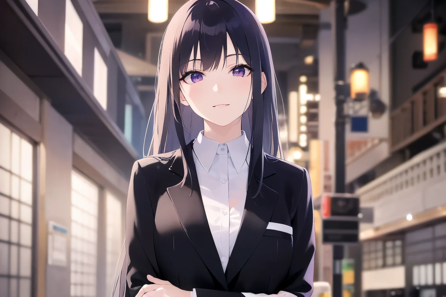 Upper Body, Realistic, real person, (pale skin: 1.2), RAW photo, photorealistic, portrait photography, shiny skin, japanese idol、shiny hair、(25 year old woman with straight medium hair with bangs) and (black hair) and (purple eyes) , wearing a business suit、white shirt 、smile, The background is the interior of a restaurant at night.、Alone、Are standing