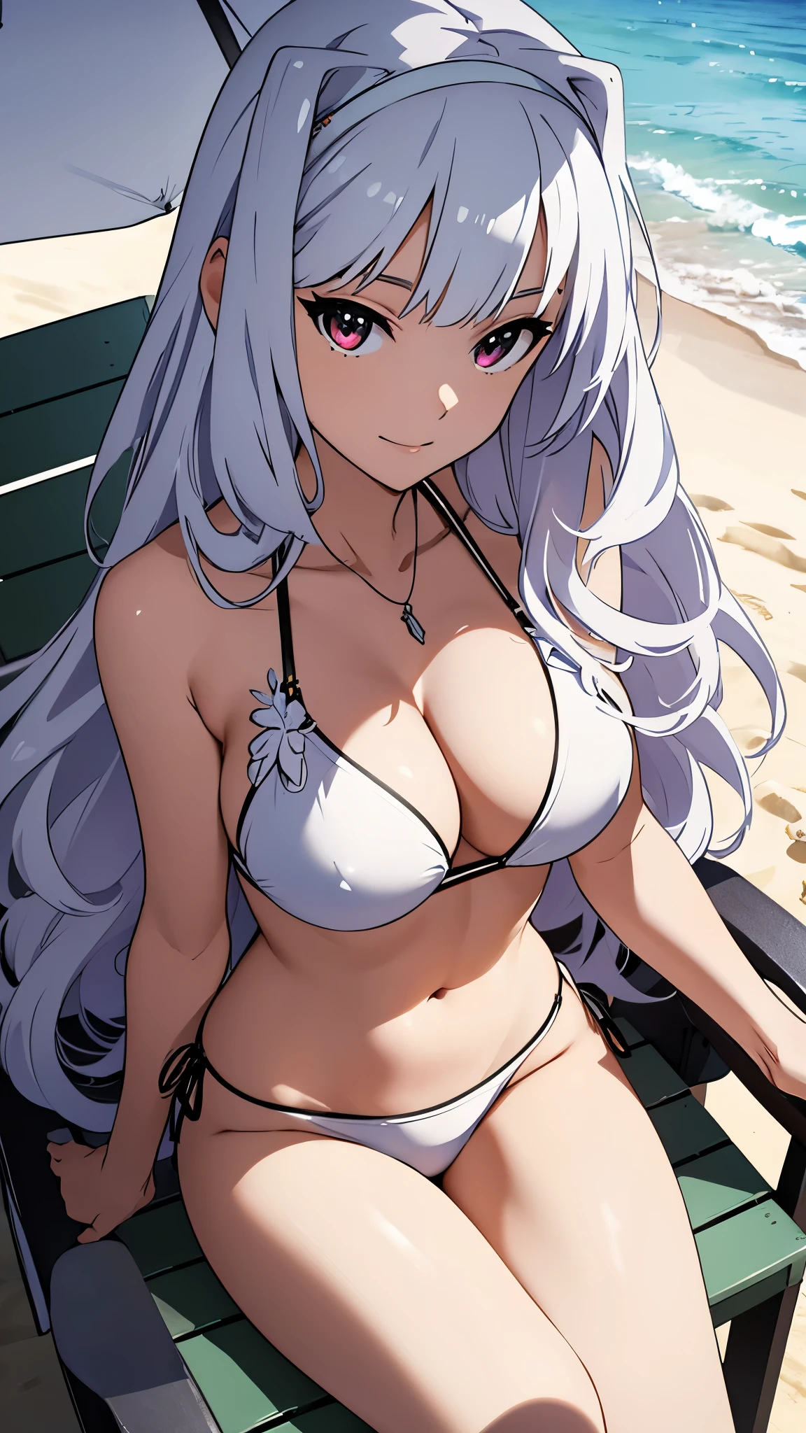 CG, unity, 8k, wallpaper, highest quality, masterpiece, Beautiful woman, long white hair, white skin, BREAK, bikini swimwear, best lighting, complex pupils, complex textile, realistic skin texture, on the beach, sitting on a beach chair, Gaze out at the sea in the shade under a parasol, view from above