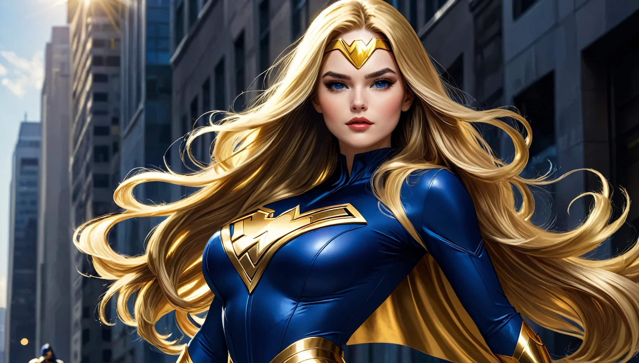 THE MOST BEAUTIFUL GIRLS SUPER HEROES EVER CREATED WITH GOLD LONG HAIR and blue INIFORM DRESS