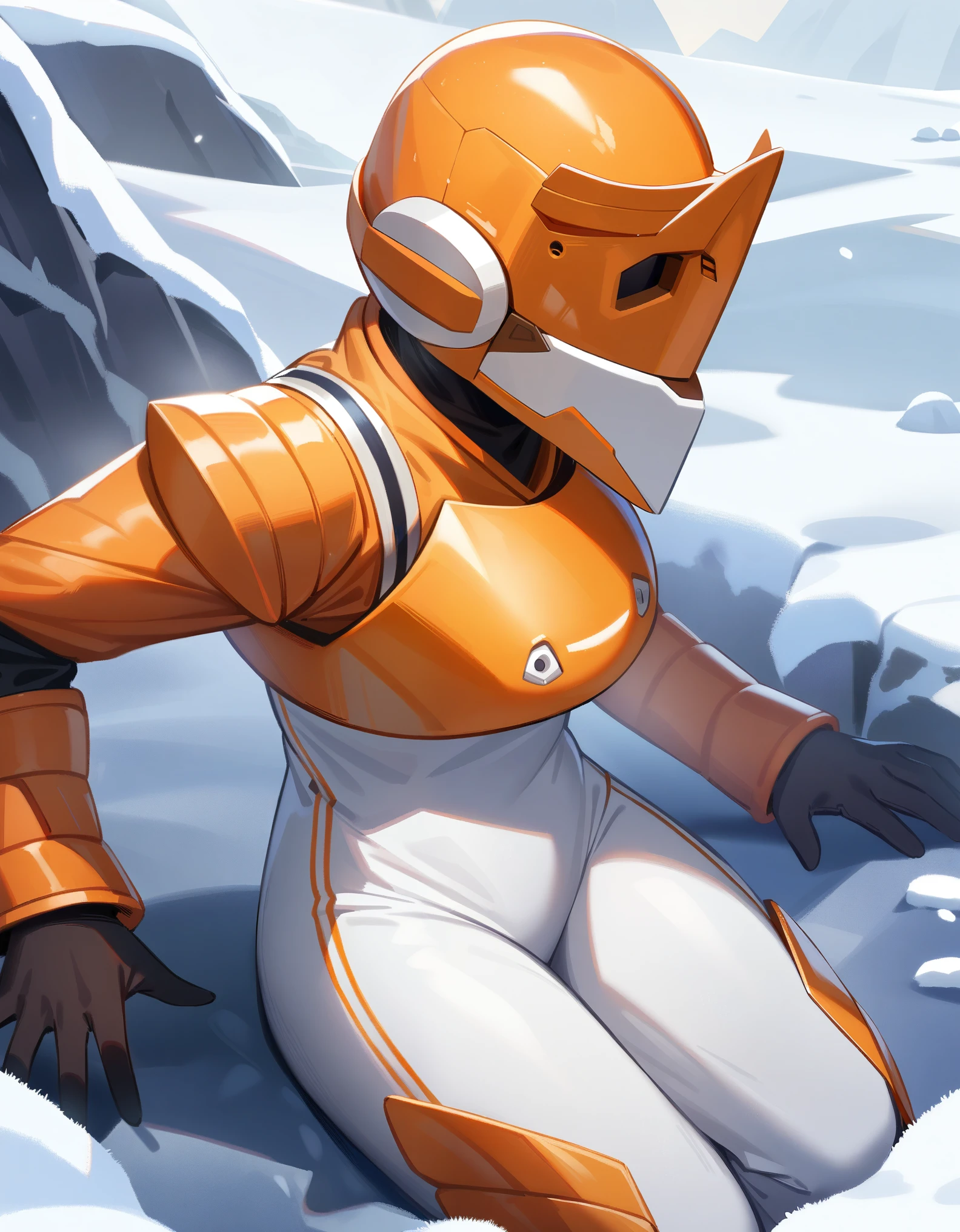 1girl,solo,Sala,original,full face helmet,no face , no hair,green eyes,white body suit,orange heavy armor,cowboy shot,in ice age planet,blizzard,Science fiction,ultra-detailed,sharp focus,aesthetic,(best quality)