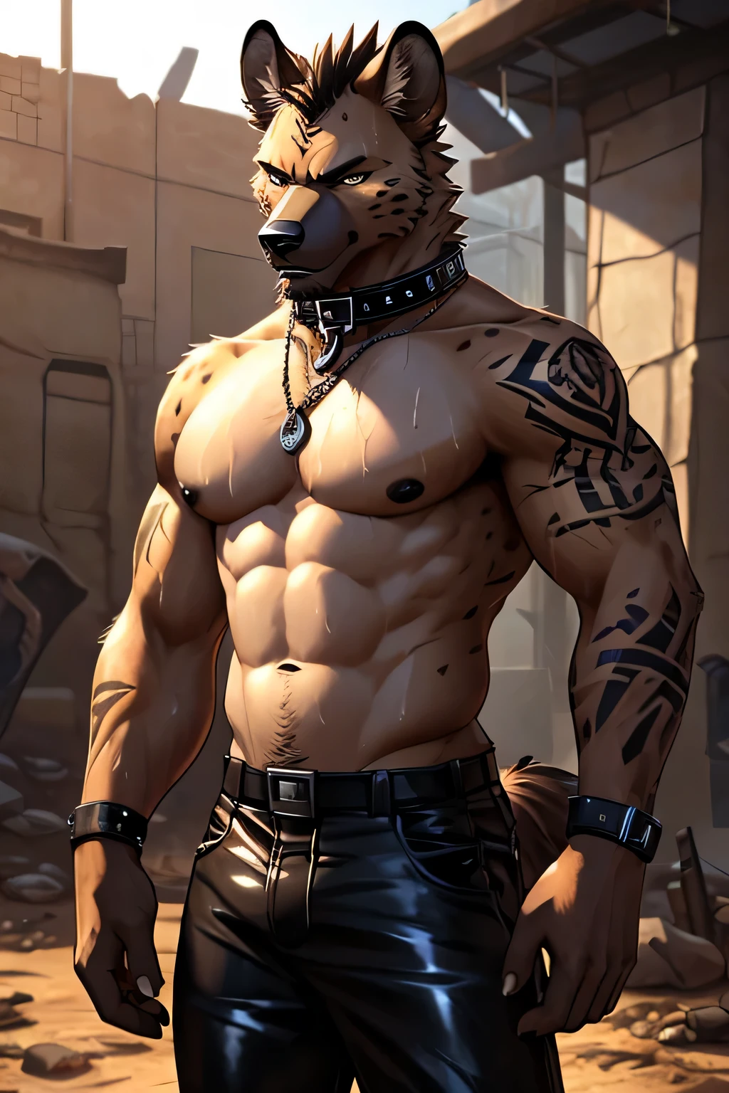 Masterpieces, furry, male, Anthropomorphic, spotted hyena, veiny, slender body type, Delicate eyes, goatee, grizzled fur, tan skin, glistening body, thug, wasteland thug, depth of field, perfect lighting, (best quality),(masterpiece),(ultra detailed), sharp focus, detailed wasteland background, shirtless, huge and succulent black nipples, fierce look, scars, veiny calves, black collar, tattoo, glossy oiled up skin, sweating, wet, black latex pants