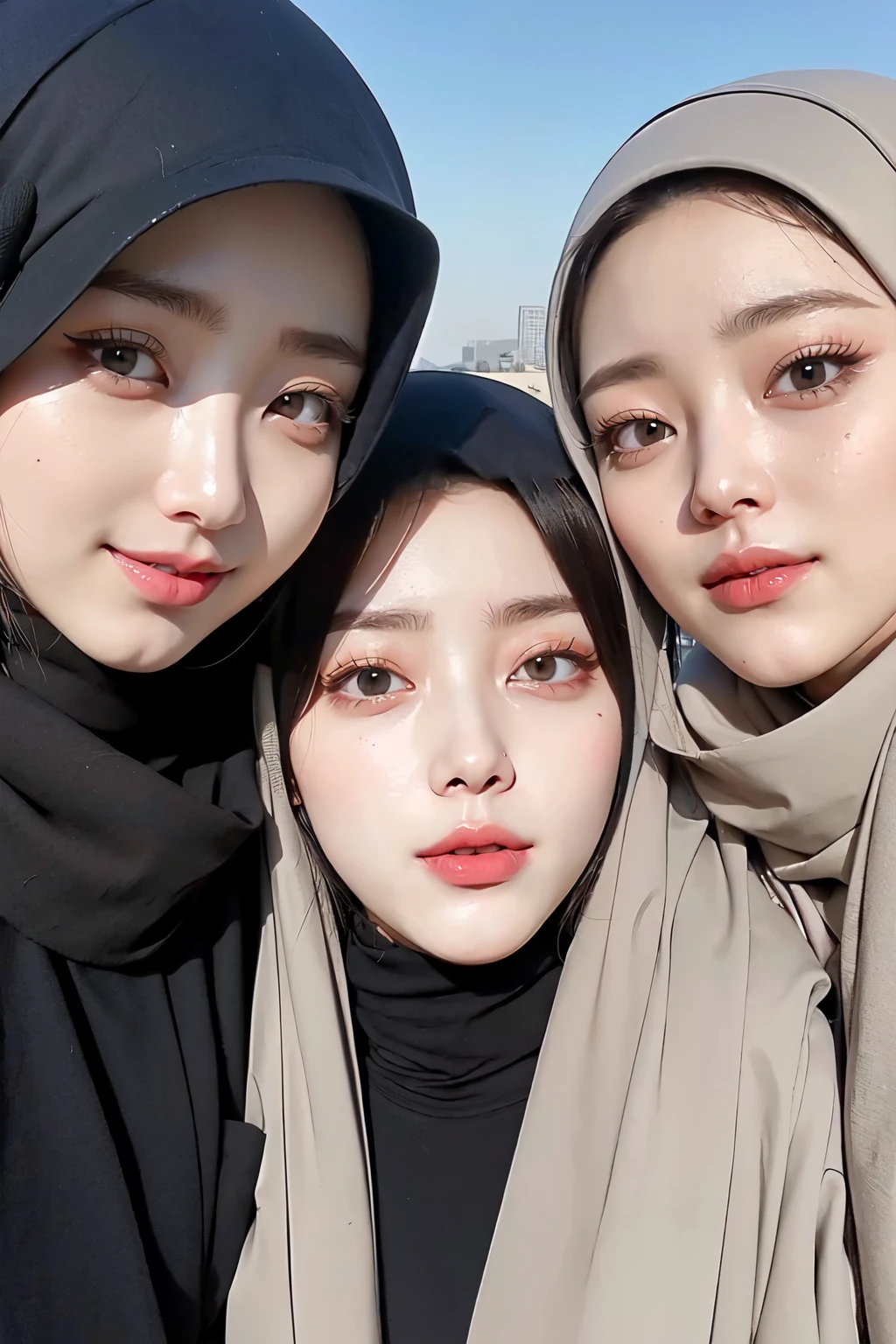 Threesome girls, wear hijab, ((Best quality, 8k, Masterpiece :1.37), multiple people wear hijab, (threesome girl hijabs moslem), Beautiful face, Ultra-HD Face, Face Lighting, Lips laughed lightly, position:Standing, close up photo, (Photo Full Body), (three girls wear hijab muslim), wear hijab muslim, tall building background, (Blue sky view, :1.1), face very detailed, detailed red lips, detailed eyes, (korean eyes), double eyelids, detailed nose, detailed legs, (threesome girls wear hijab moslem)