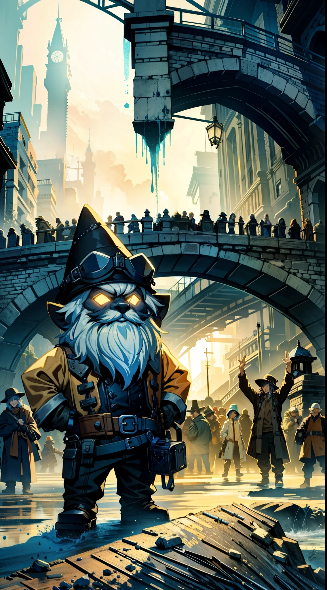 engineer gnome, leather jumpsuit, pointed hat adorned with gears, he stands on the riverbank with community members celebrating, a stone bridge in the background, fantasy world, dark background, clean design, epic, artstation, colorful paint splatter, silhouette, hyper detailed intricate details, unreal engine, fantasy, splash screen, complementary colors, deviantart masterpiece, oil painting, heavy strokes, paint dripping, indifferent expression