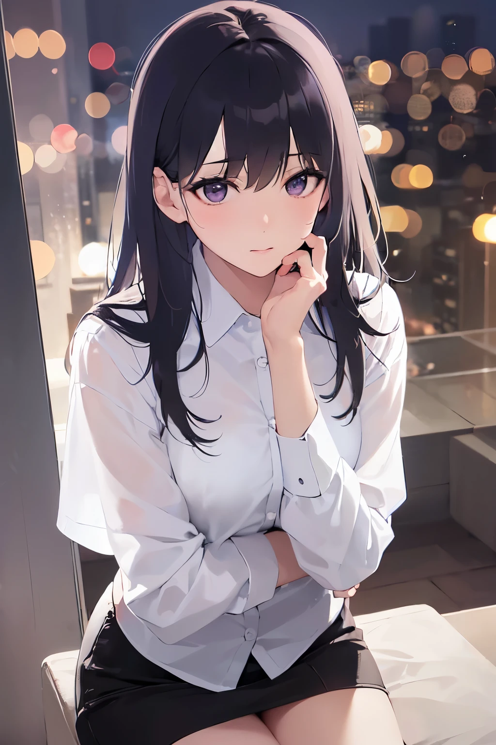 Hands on knees、leaning forward, shooting from above、looking up, Upper Body, Realistic, real person, (pale skin: 1.2), RAW photo, photorealistic, portrait photography, shiny skin, japanese idol、shiny hair、(25 year old woman with straight medium hair with bangs) and (black hair) and (purple eyes) , wearing a business suit、white shirt 、(embarrassed:1.3), The background is an office room at night.、Alone、Are standing