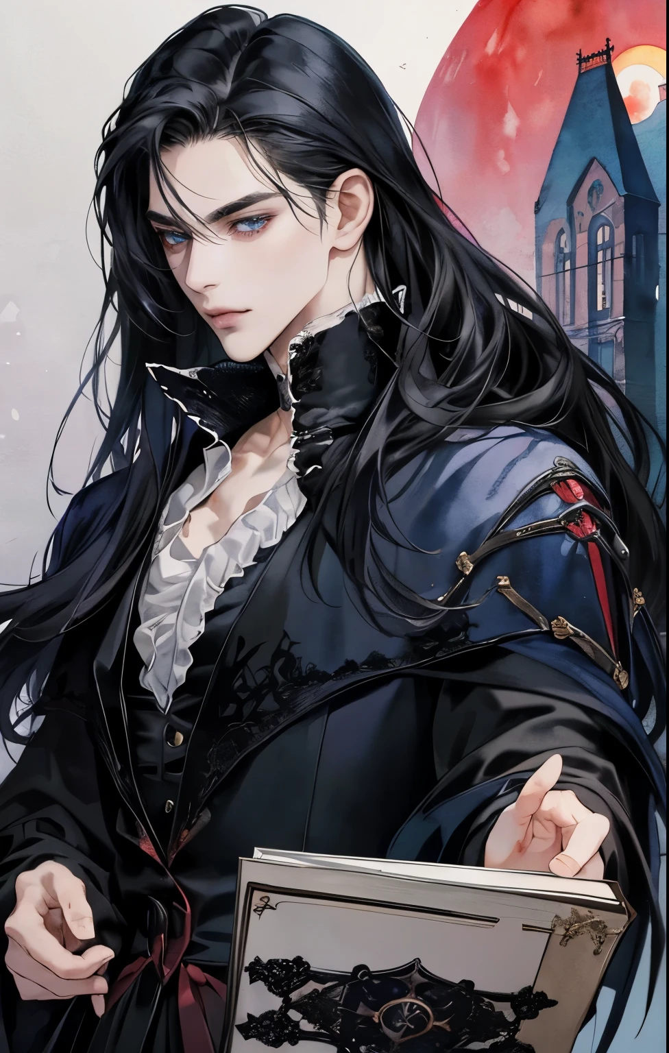 cover for a book, anime realistic beautiful vampire man 30 years old, straight black hair, blue eyes, red moon, oval face, skinny, attractive, perfect proportions, gothic style, looking at viewer, fashion pose, beautiful face, black outfit, flawless art line, watercolor, colored pencils, high quality, detail, wide background, perfect for book, perfect anatomy, centered, approaching perfection, dynamic, highly detailed, watercolor painting, masterpiece, watercolor art, natural light, complex, elegant, full body, full body shot, pieces of color, sketchbook, hand drawn, dark, grainy, realistic sketch, rough sketch, character sheet, full body, beautiful and stunning full body, detailed full body, (((full body shot)))), realistic illustration

