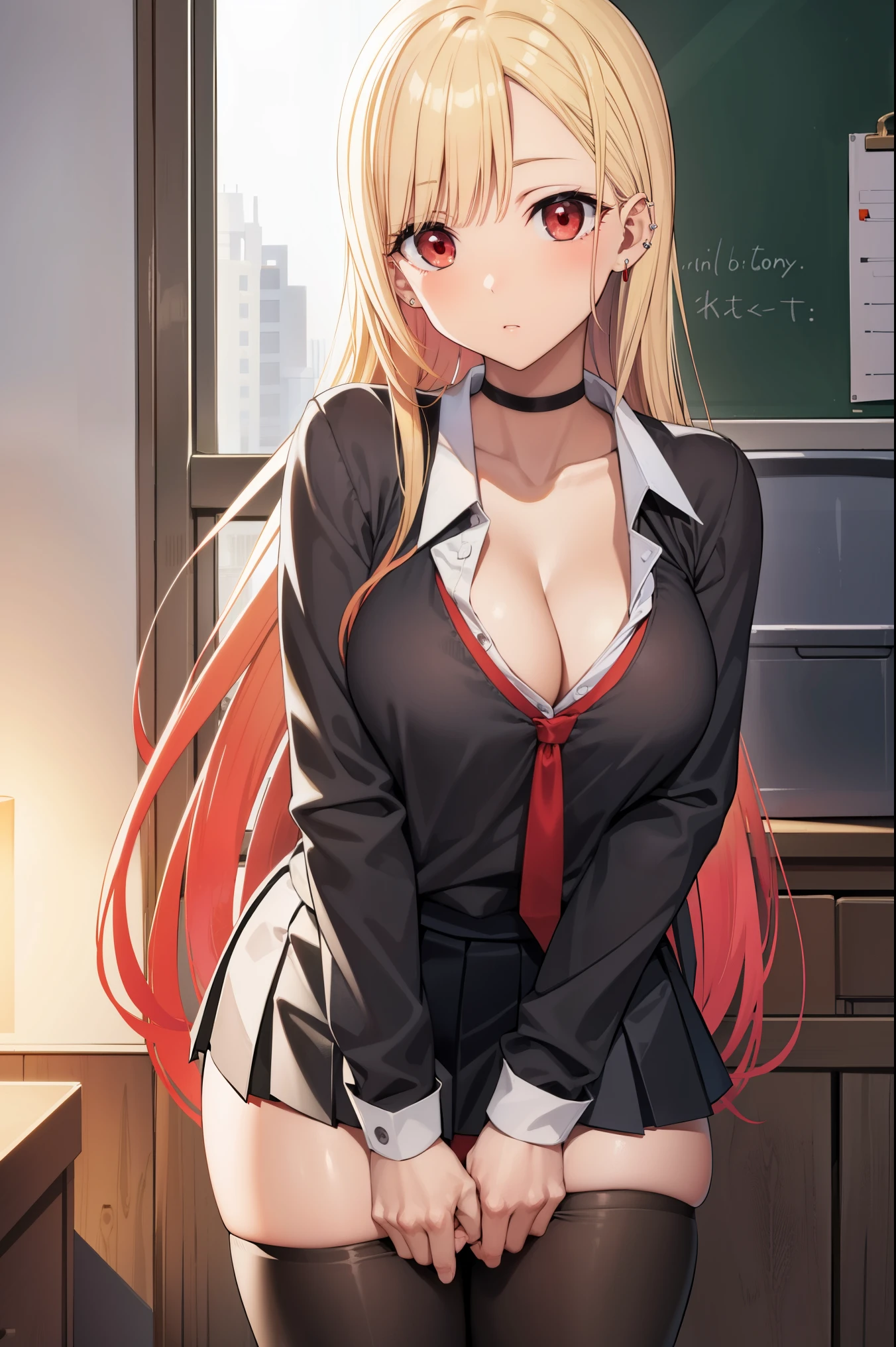 marinkitagawa, marin kitagawa, blonde hair, choker, ear piercing, earrings, long hair, piercing, (red eyes:1.5), straight hair, swept bangs,
BREAK black necktie, long sleeves, pleated skirt, , shirt, skirt, sleeves rolled up, white shirt, cleavage,
BREAK indoors, classroom,
BREAK looking at viewer,
BREAK (masterpiece:1.2), best quality, high resolution, unity 8k wallpaper, (illustration:0.8), (beautiful detailed eyes:1.6), extremely detailed face, perfect lighting, extremely detailed CG, (perfect hands, perfect anatomy),