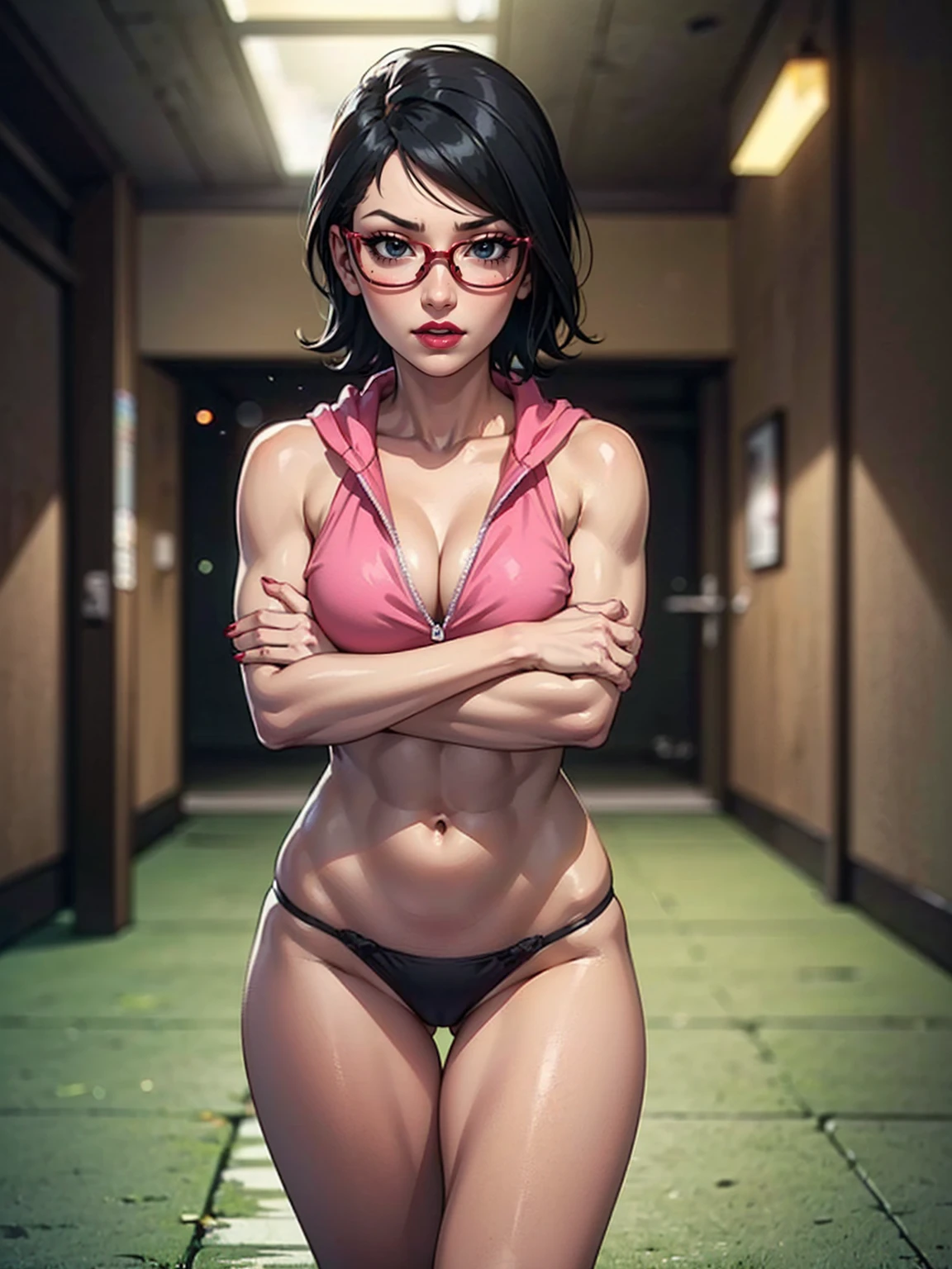 (1girl, solo, alone), (WakatsukiRisa, Sarada Uchiha, black hair, short hair, black eyes, red glasses), ((solo, (1woman, pink lipstick, black eyes), Extremely detailed, ambient soft lighting, 4k, perfect eyes, a perfect face, perfect lighting, a 1girl)), ((fitness, muscular, shapely body, athletic body, toned body)), ((seductive look, seducing, sensualizing, excited)), ((stand up, front bottom-up view, sexy, long brown hoody, thong panties, maquiagem, crossed arms, Lips are soft or colored, fundo simples, sexy, erotic, stand up, postura ereta, provocante, begie background, Diving)), (((3/4 perspective, three-quarter perspective)))