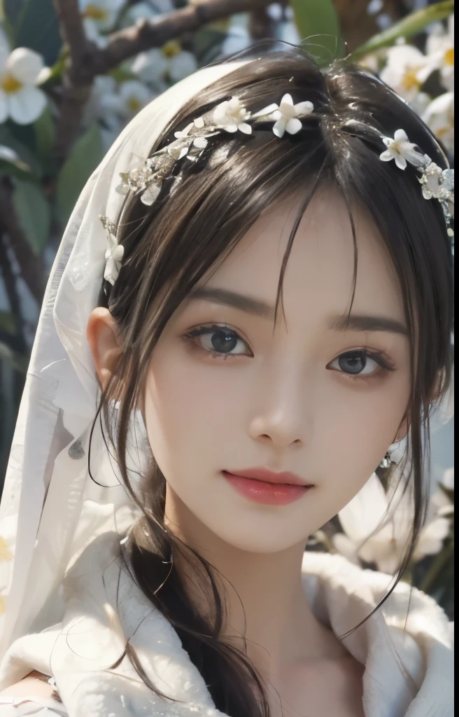 (surreal), (figure), (Improved resolution), (8K), (very detailed), (Best figure), (beautiful and detailed eyes), (highest quality), (super detailed), (masterpiece ), ( wallpaper), (detailed face), alone, 1 girl, looking at the viewer, small details, detailed face, in the dark, deep shadow, discreet key, Pure erotic face ace_V1, smile, black straight hair, white shawl, 46 point diagonal bangs,There are many flowers in the background,plump breasts