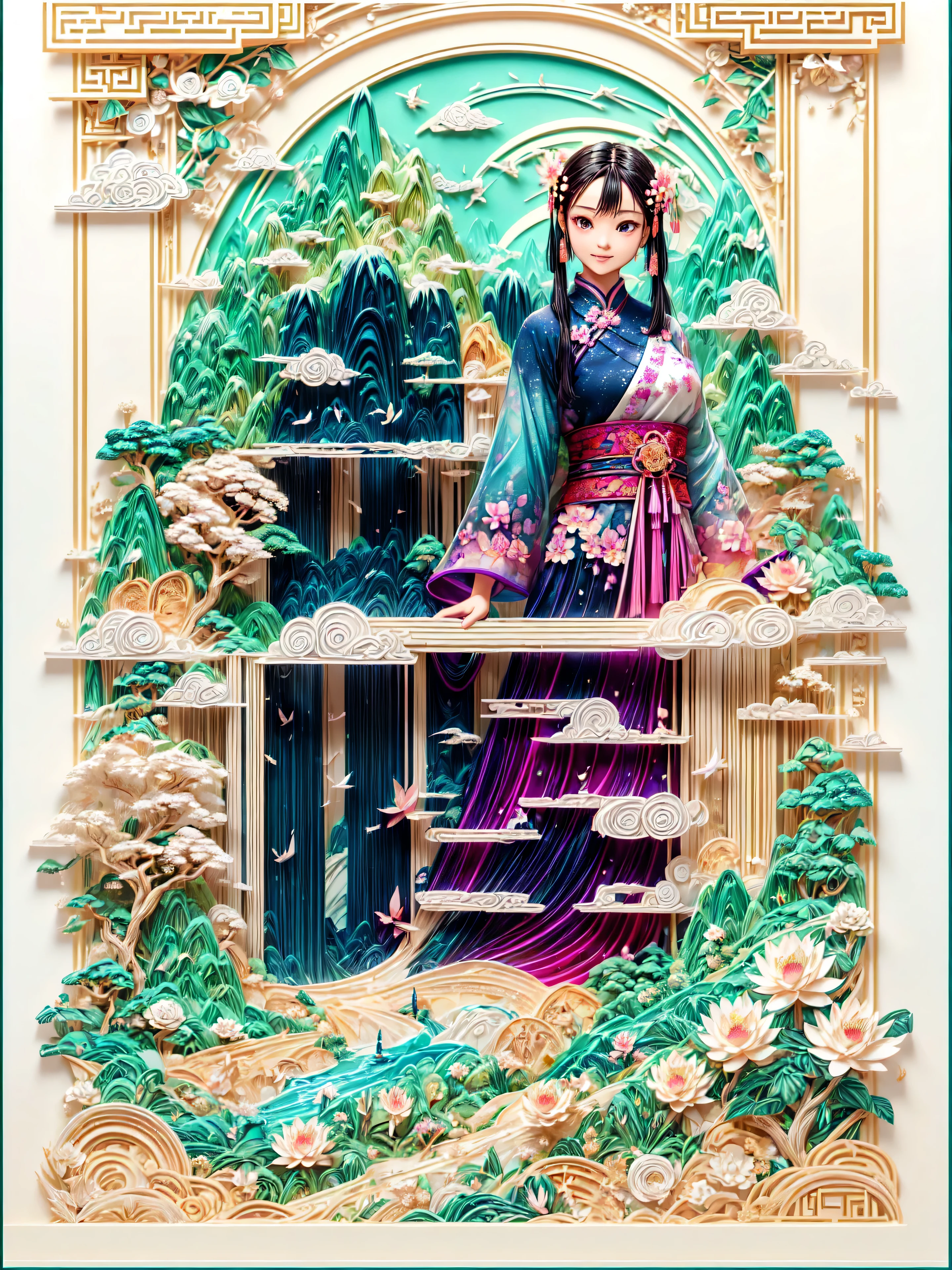 (Digital art)，Mountain, trees, river，flowers，lotus，1 girl, black hair, Smile,Exquisite Cheongsam,Beautiful hair accessories,(Oriental elements, Chinese color, Advanced color matching), (3D sculpture，Render by Octane，Volumetric light，natural soft light，), (Super exquisite:1.2, Loss of focus:1.2, Very colorful, movie lighting, chiaroscuro,Ray tracing), masterpiece, super rich,super detailed,8K