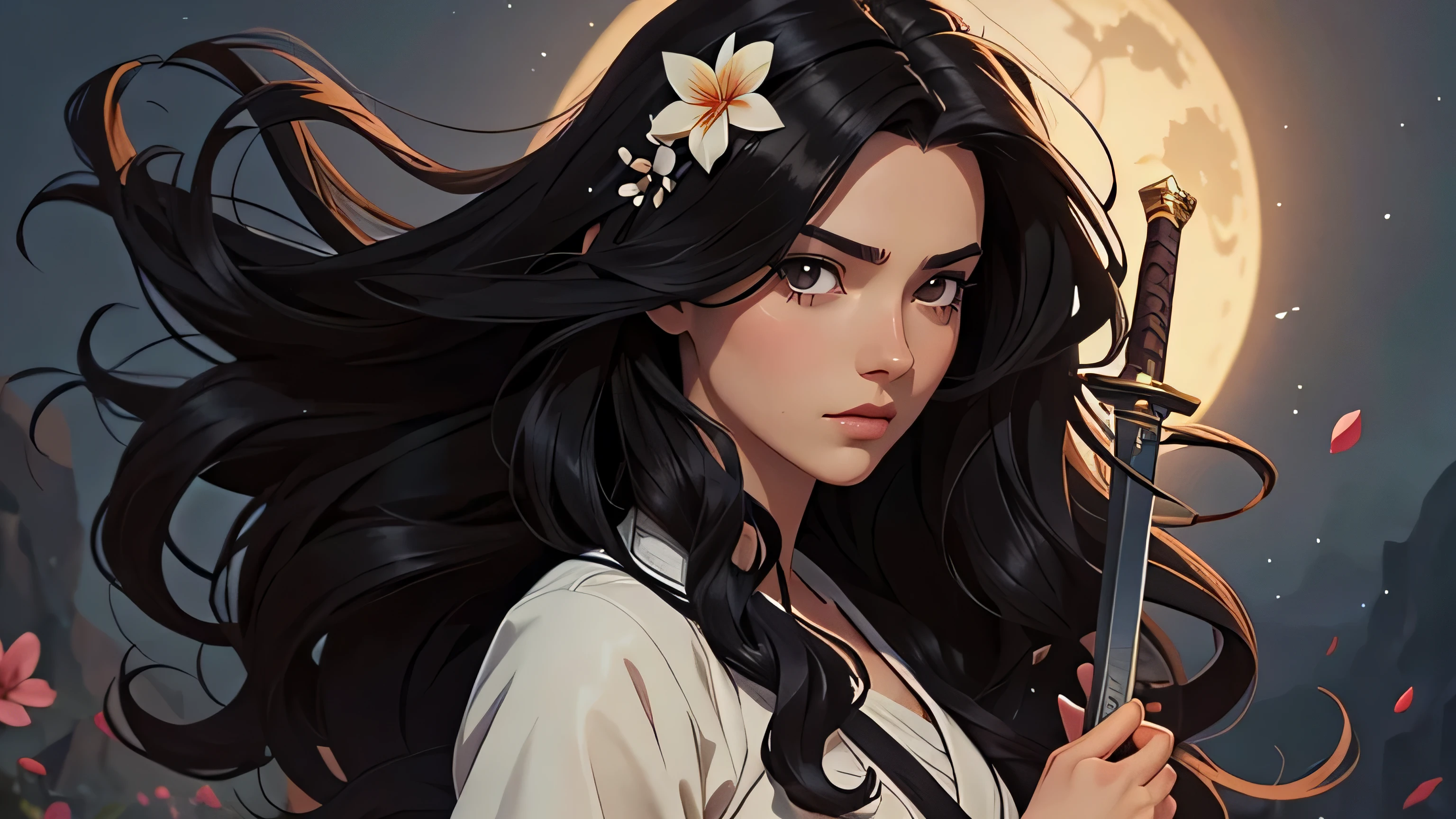 anime girl with dark hair holding a flower and a sword,masterpiece, top quality, best quality, official art, beautiful and aesthetic:1.2), (1girl:1.3), wavy long hair, black hair, extremely detail
