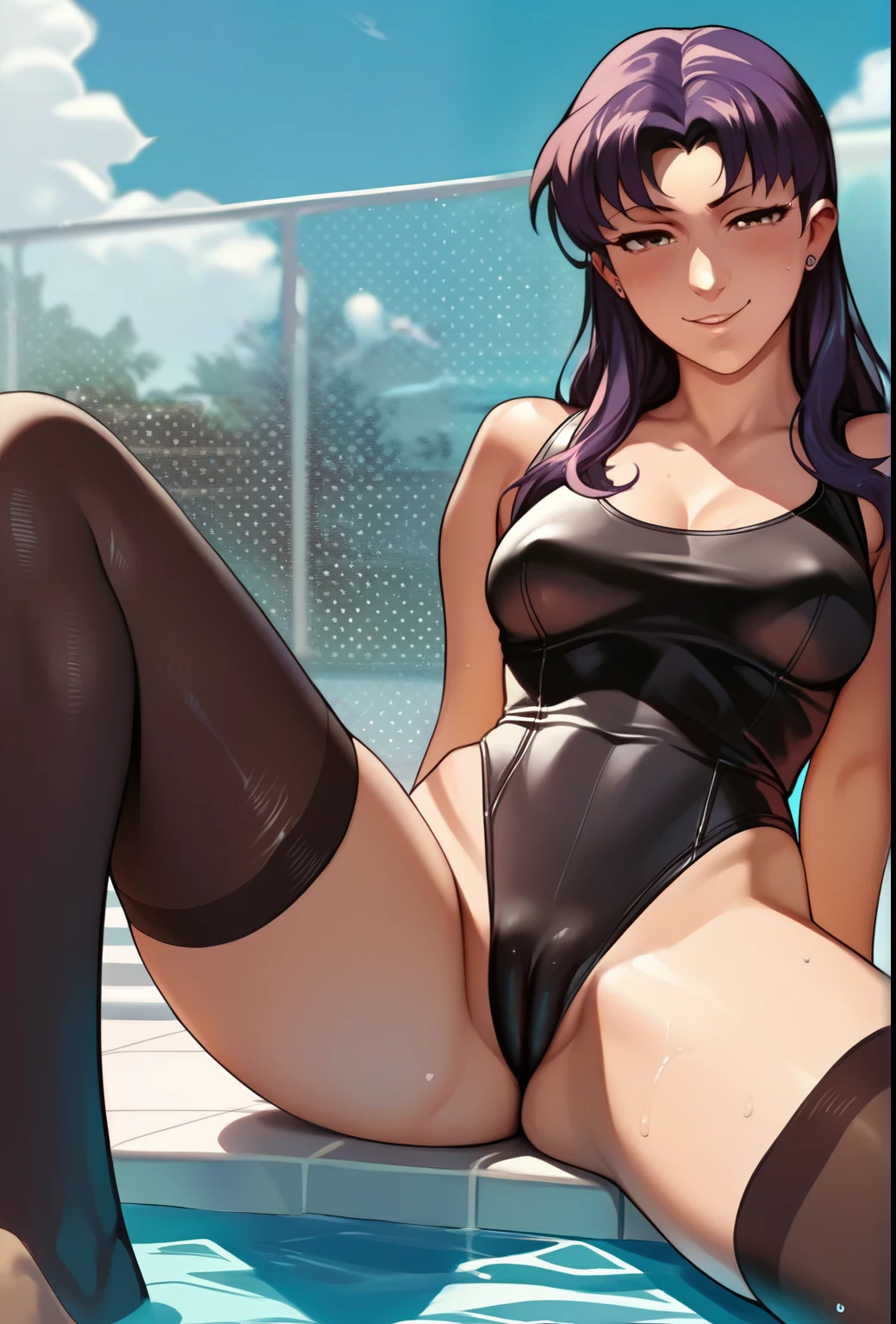 score_8_up, score_7_up, rating_explicit, source_anime, score_9,
1girl, katsuragi misato, black_leotard, cameltoe, sitting, wariza, naughty face, pool, black thighhighs,