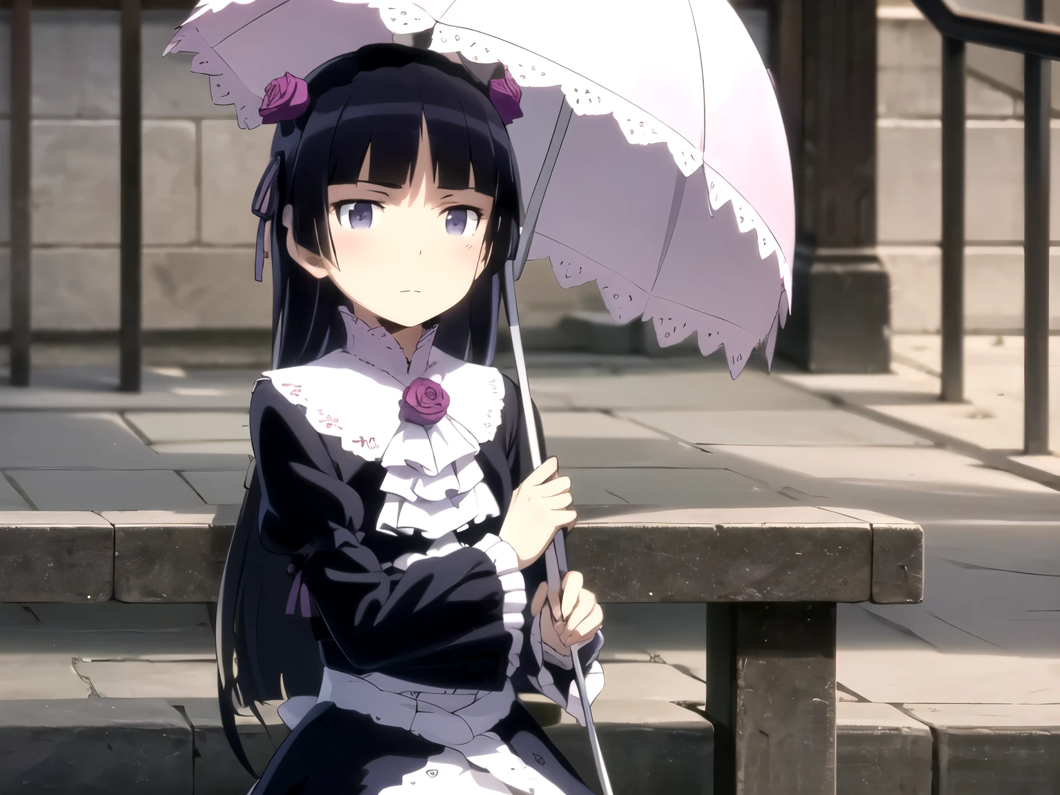 (UHD, masterpiece, high details, high quality, best quality) , 1 girl, alone, girl, hime cut, gothic lolita, lolita fashion, headband, (parasol), (ruri gokou)