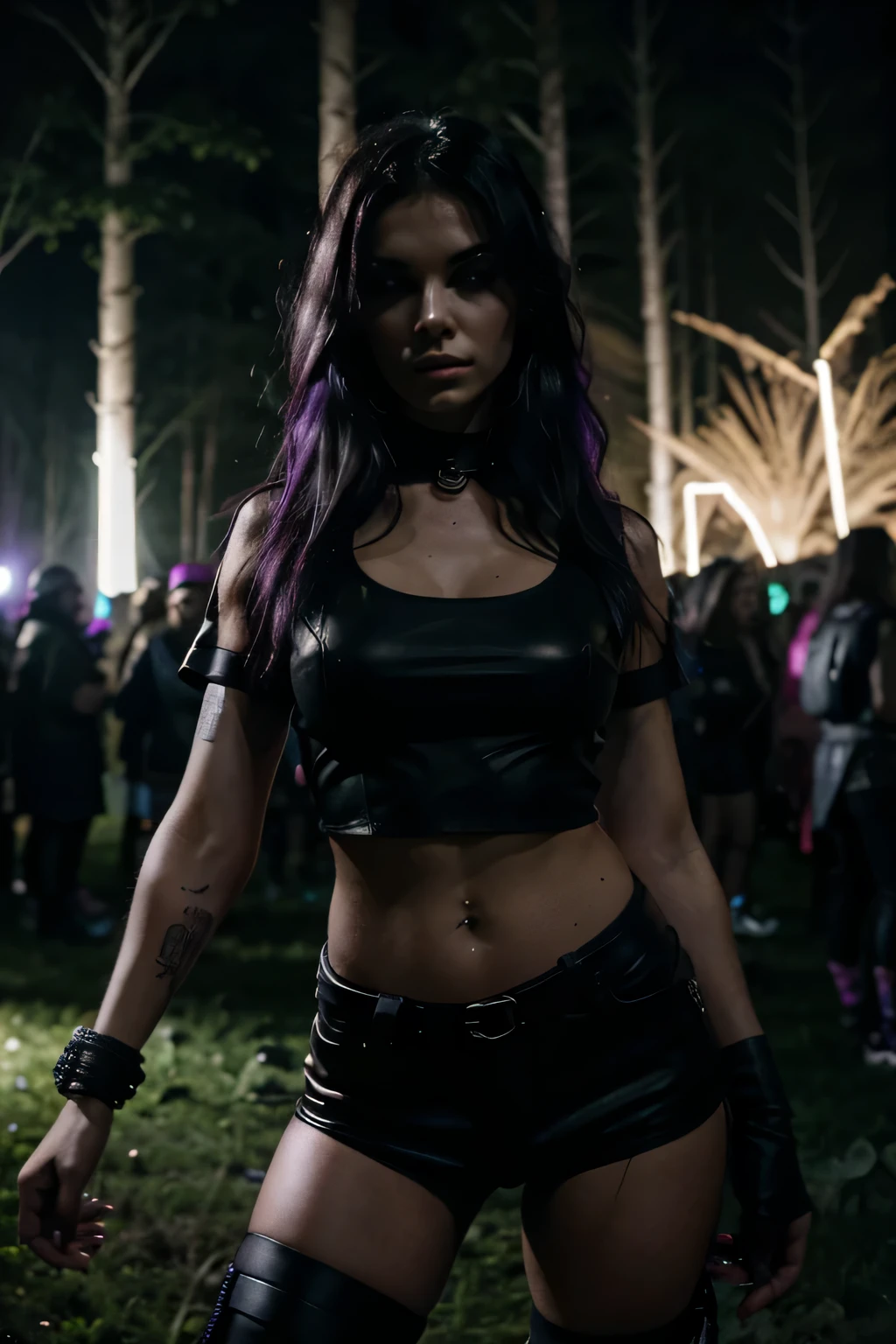 dark vibes, woman model, techno raver, looking badass, no blur, 8k, sexy lady at rave, in rave forest - night time - hope coqueliquot flowers on the groud, banished from the community, fully cloches