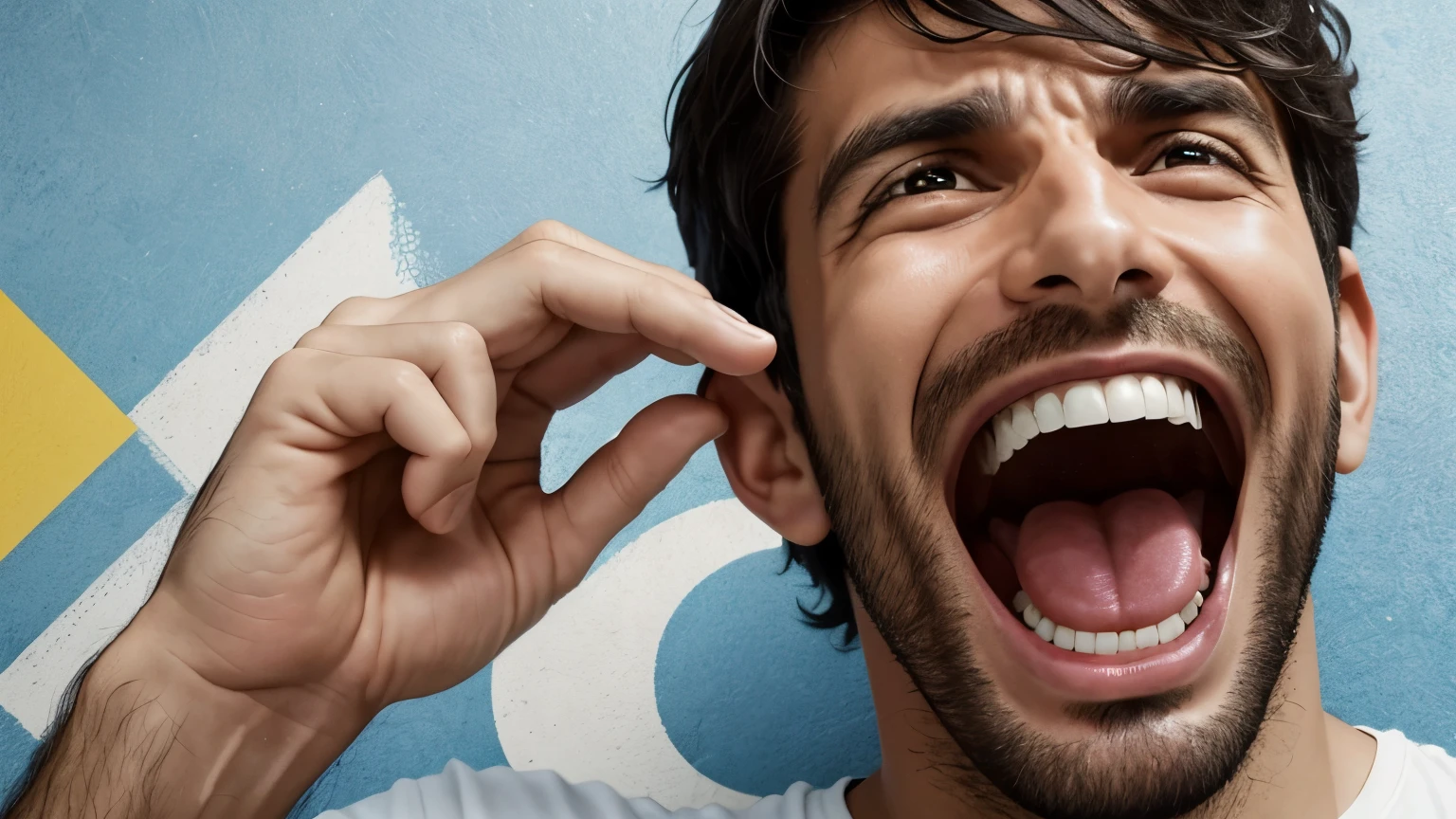 Give me an image of a 35 year old white Brazilian man screaming. A imagem deve ser em formato 16:9. O homem deve estar numa sala e gritando de desespero porque perdeu todo seu dinheiro. O cabelo do homem deve ser curto.
