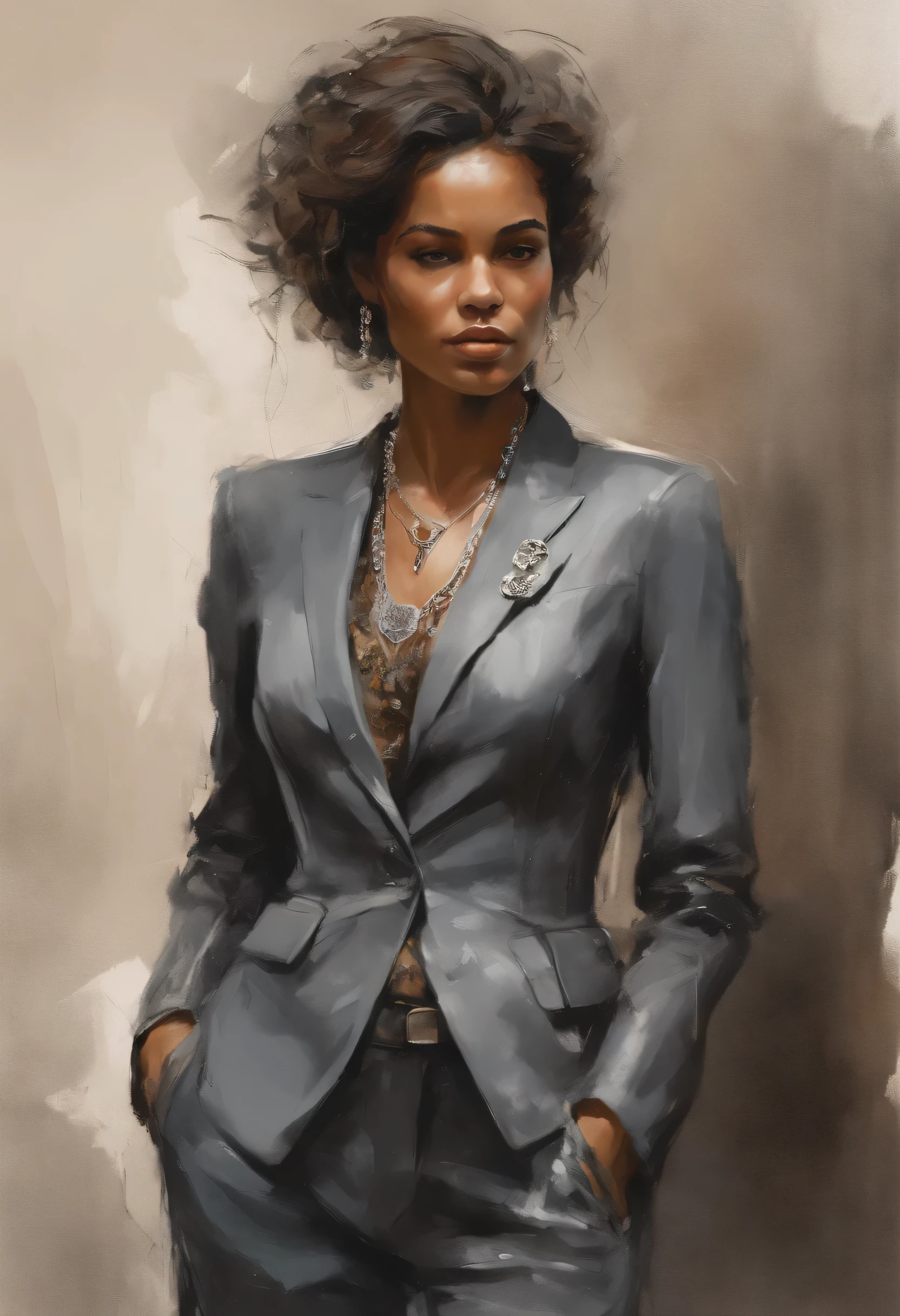 sob medida, charcoal gray pantsuit, broche vintage, corrente de prata segura um pingente de lupa, Sapatos de couro preto, pele marrom, meia-idade, children's books illustration style, simples, bonitinho, totalmente colorido, Obras de Carne Griffiths e Wadim Kashin - No Outlines