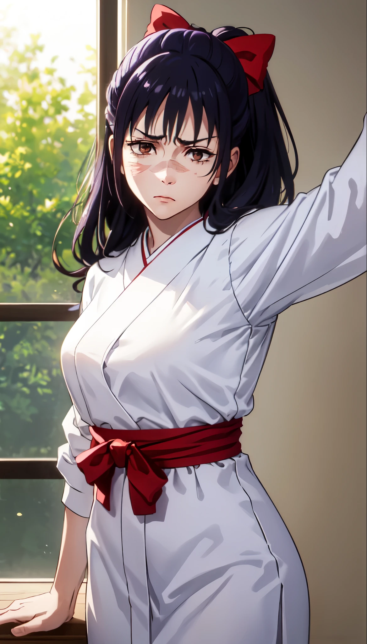 photorealistic, (4k), depth of field, (Masterpiece), (realistic skin texture), extremely detailed, intricate, hyper detailed, professional photography, bokeh, high resolution, sharp detail, best quality, woman, long hair, purple hair, ponytail, brown eyes, scar on face, white hairbow, red hakama, aUtahime, dynamic pose, (arms behind her back),  open window, light rays, windowsill, annoyed,