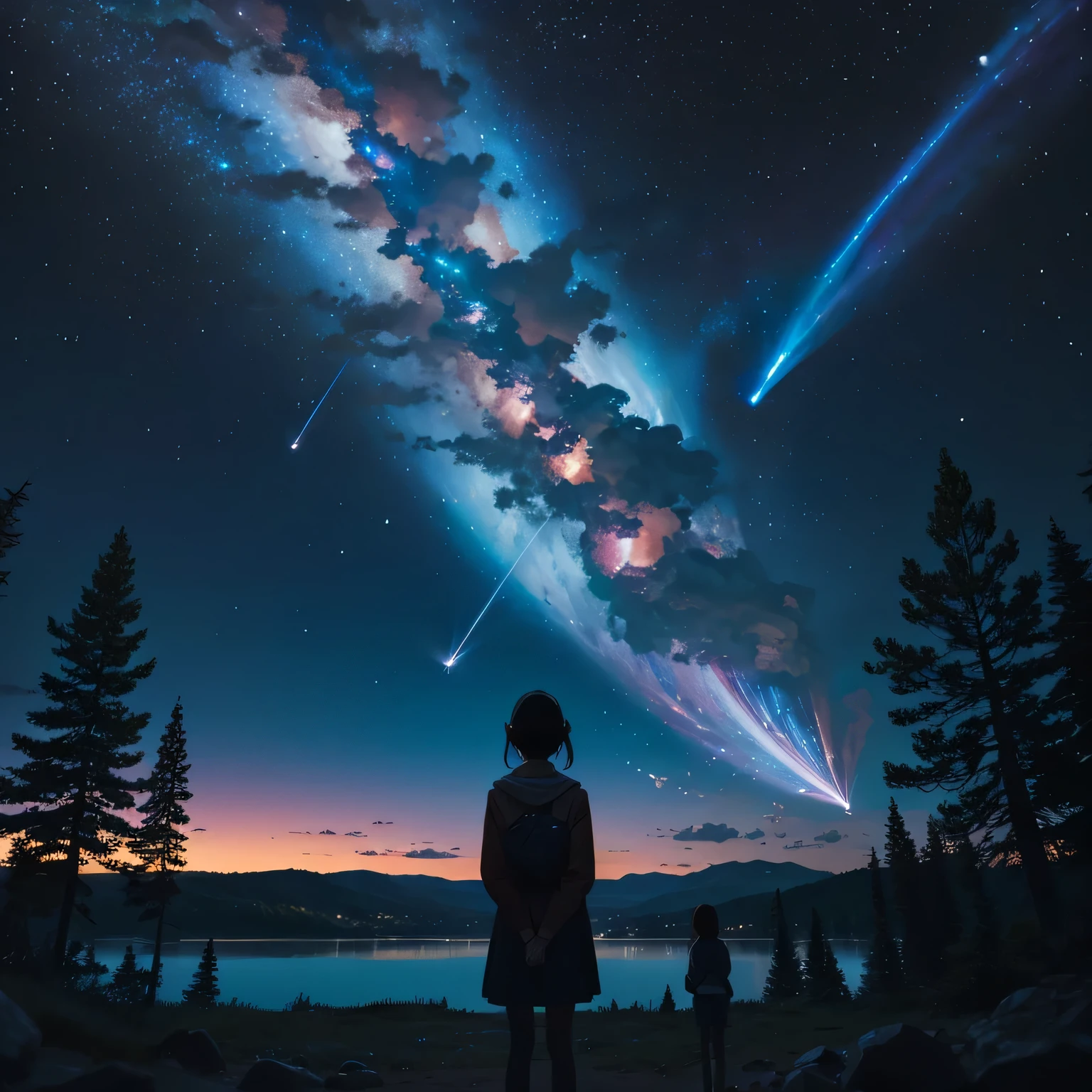8K, Super detail, ccurate, Best quality, Masterpiece, Super detail, High details, High quality, Best quality, A high resolution,The composition of the characters is small,1girll,facing away from the audience,Girl gazing at stars by lake,ln the forest,inverted image,meteor shower