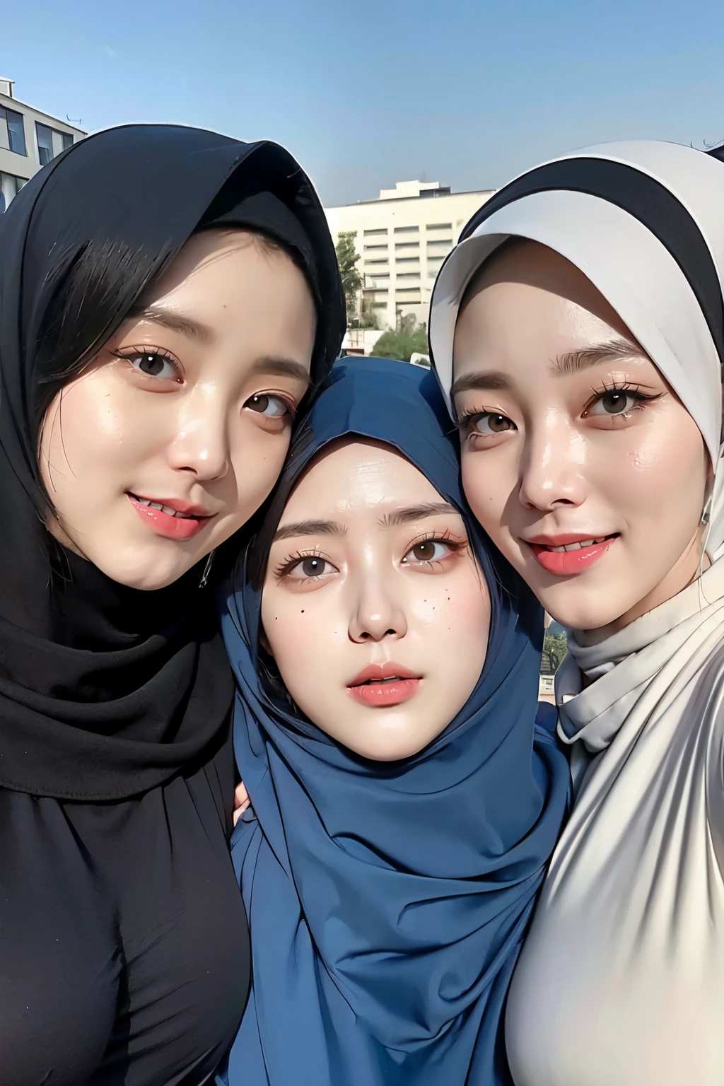Threesome girls, wear hijab, ((Best quality, 8k, Masterpiece :1.37), multiple people wear hijab, (threesome girl hijabs moslem), Big Breasts:1.5, Beautiful face, Ultra-HD Face, Face Lighting, Lips laughed lightly, position:Standing, close up photo, (Photo Full Body), (three girls wear hijab muslim), wear hijab muslim, tall building background, (Blue sky view, :1.1), face very detailed, detailed red lips, detailed eyes, (korean eyes), double eyelids, detailed nose, detailed legs, (threesome girls wear hijab moslem)