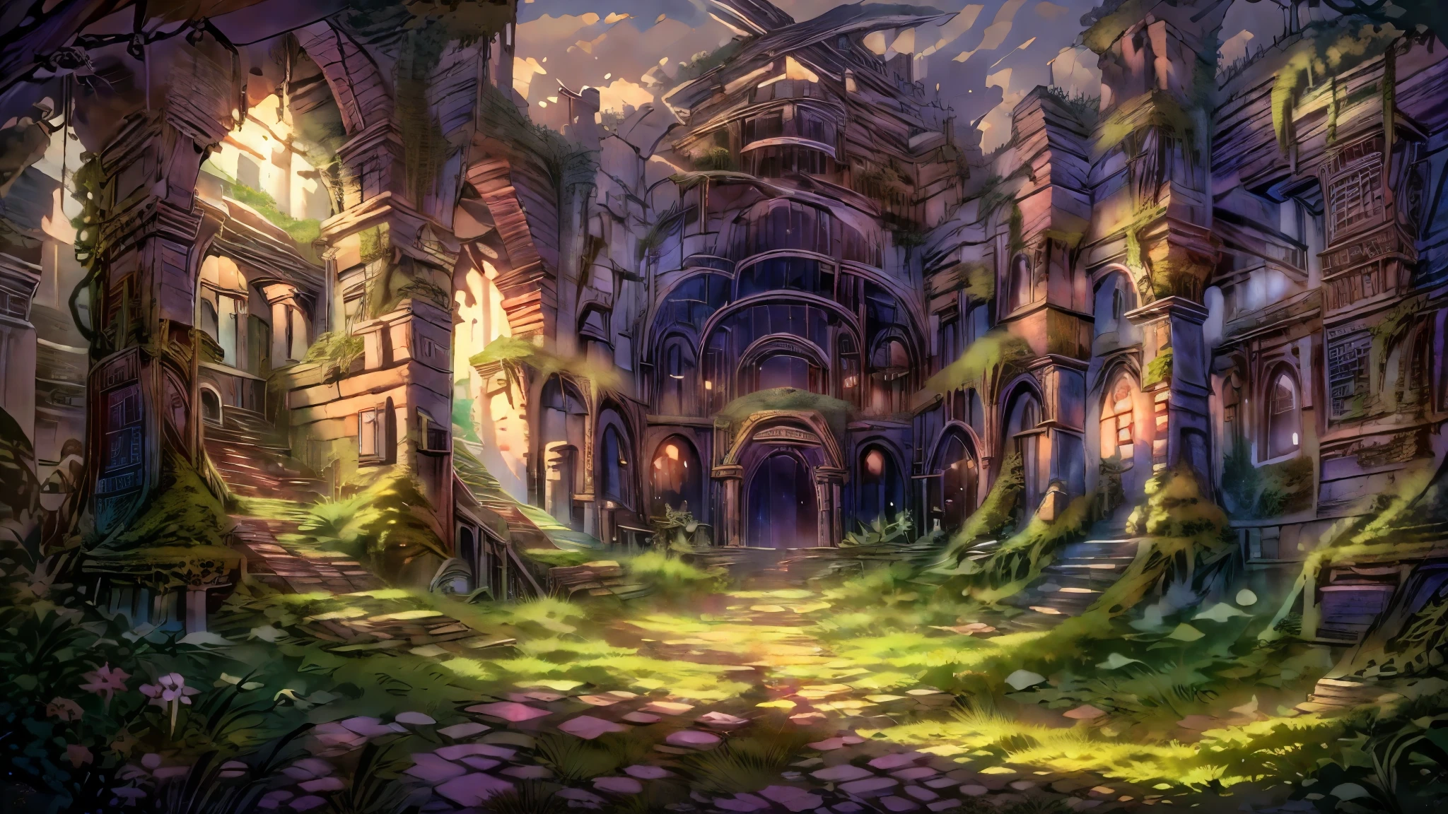 Masterpiece, best quality, 8k, panoramic view, Ruined palace of the gnomes, wide open great hall, covered in ivy, crumbling walls, mossy stones, magical whispers, unearthly beauty, ancient secrets, hidden treasures, mystical aura, light golden solar flowing