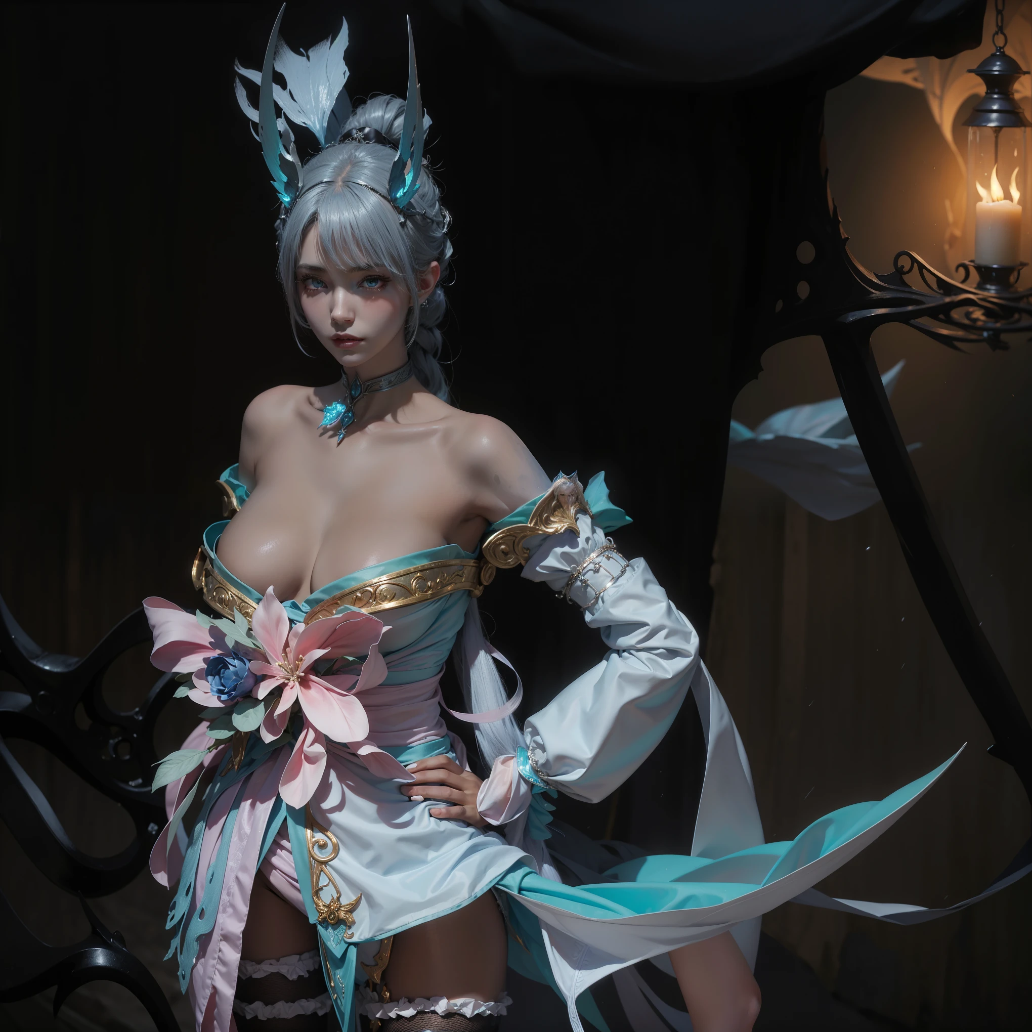 il y a une femme en costume avec une épée et une épée, tenue fantastique, Beautiful necromancer, Ice Witch, lunar themed outfit, Avec Leviathan Hache, style final fantasy 14, reine démon aux cornes blanches, d'a beautiful female warframe, Arme d'hast coréenne ornée derrière elle, 4k detail fantasy, armure inspirée des kitsune
