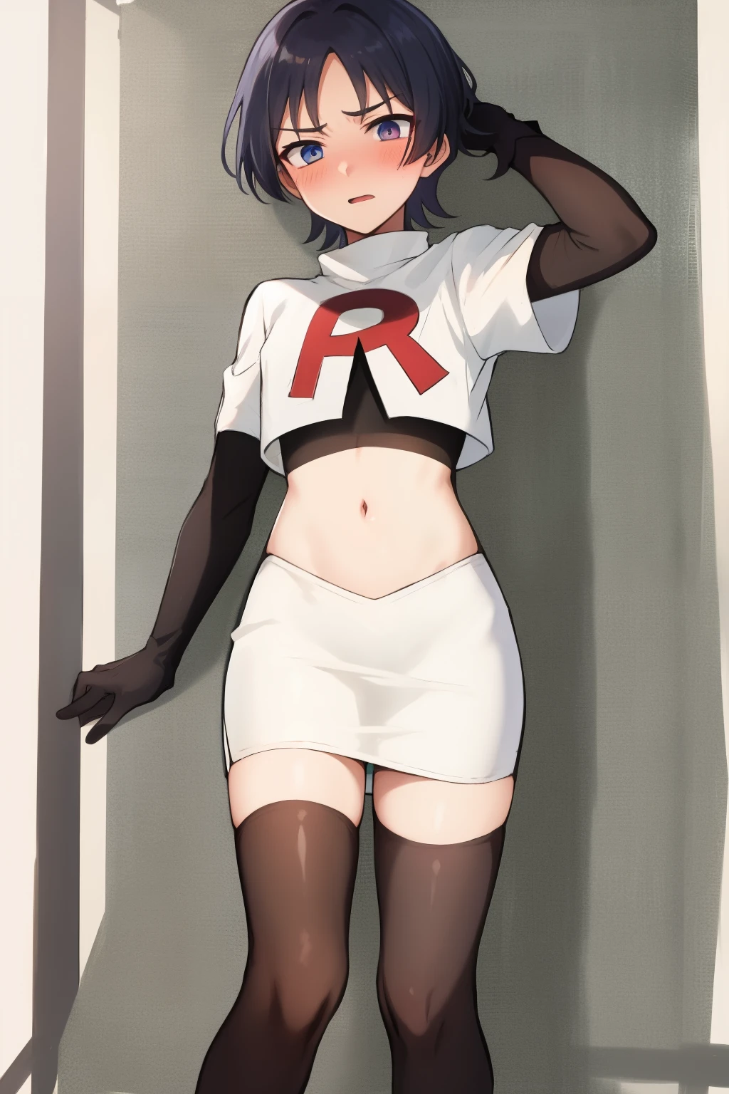 absurdres,masterpiece, trap, best quality, highres, high quality, 1boy, solo, male focus, hair, crossdressing,1boy,team rocket,team rocket uniform,white skirt,red letter R,crop top,black thigh-highs,black elbow gloves, embarrassed, blush