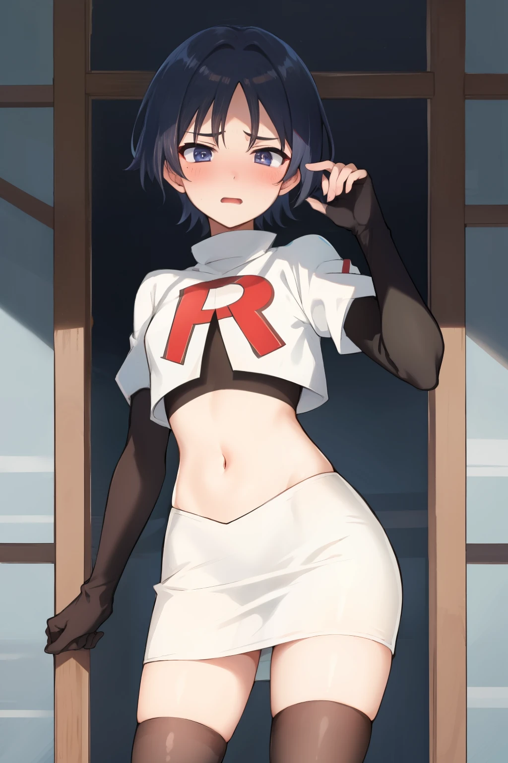 absurdres,masterpiece, trap, best quality, highres, high quality, 1boy, solo, male focus, hair, crossdressing,1boy,team rocket,team rocket uniform,white skirt,red letter R,crop top,black thigh-highs,black elbow gloves, embarrassed, blush